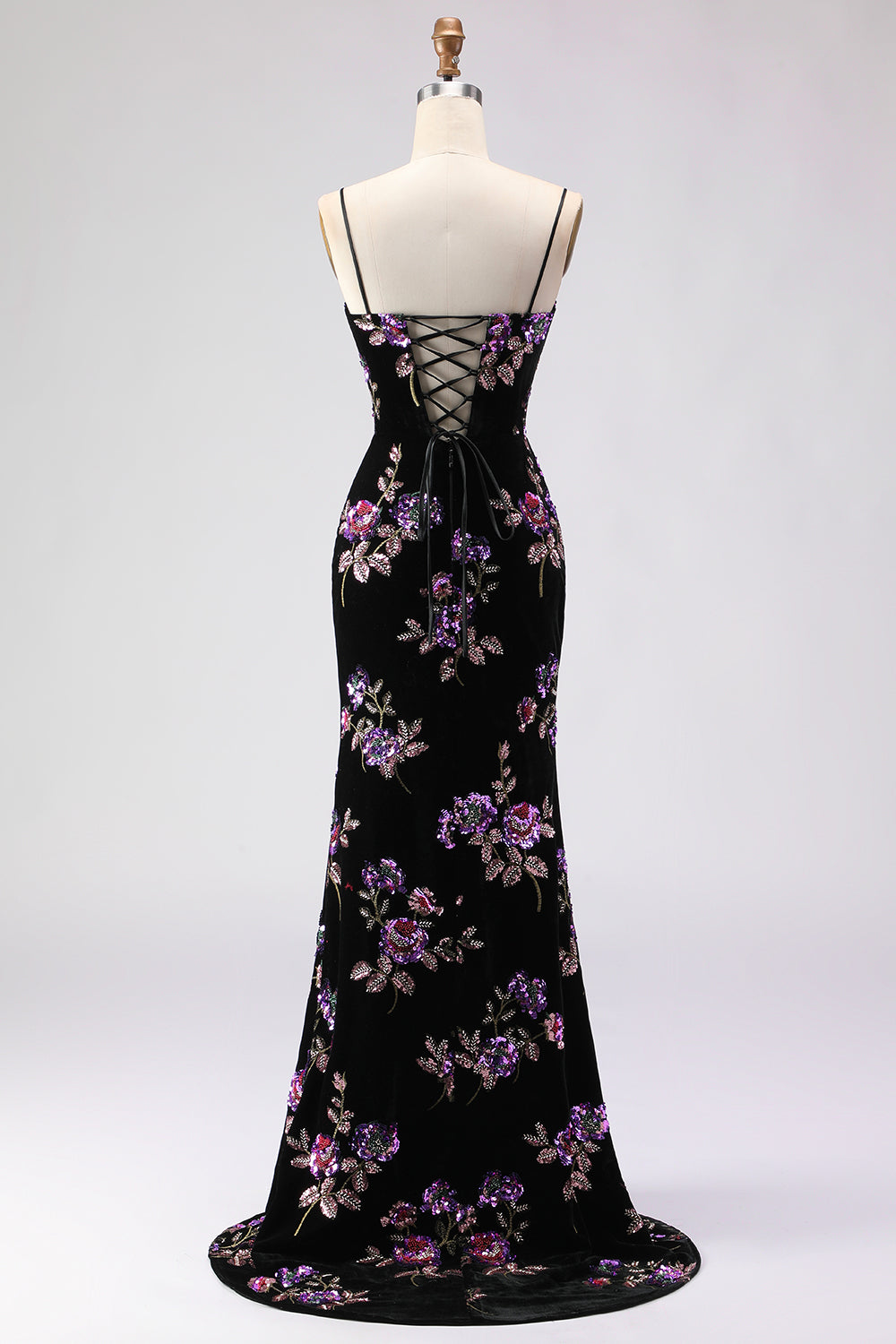 Floral Black Sheath Spaghetti Straps Long Sequins Prom Dress with Slit