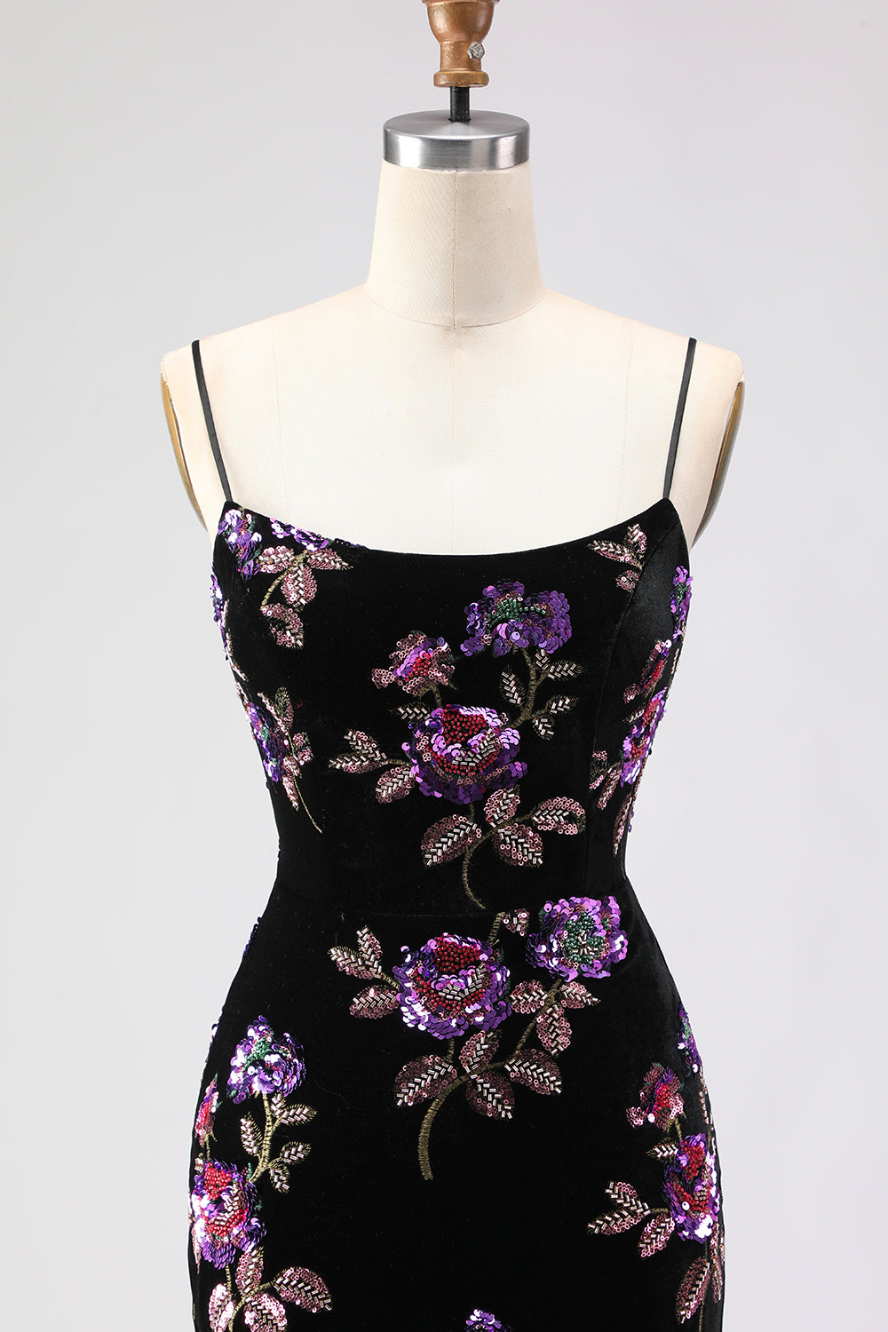 Floral Black Sheath Spaghetti Straps Long Sequins Prom Dress with Slit