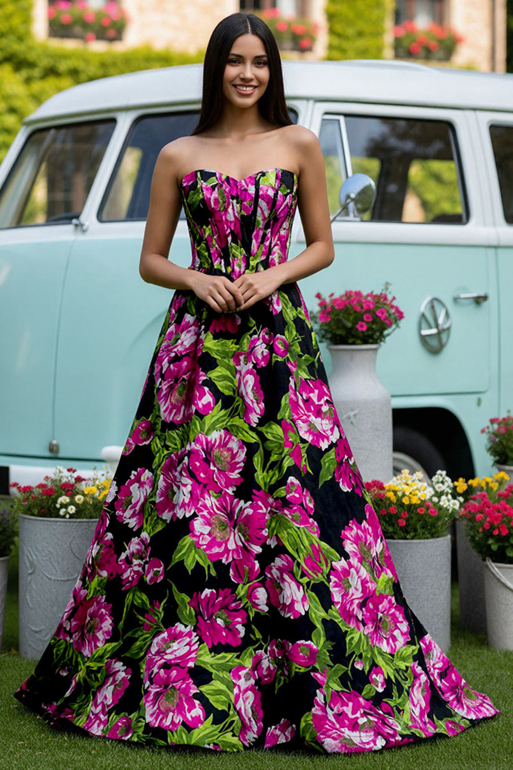 Floral Black A-Line Strapless Corset Long Satin Prom Dress