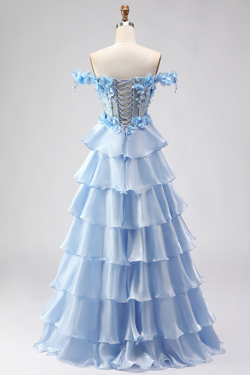 Floral Light Blue A-Line Tiered Long Corset Prom Dress with Slit