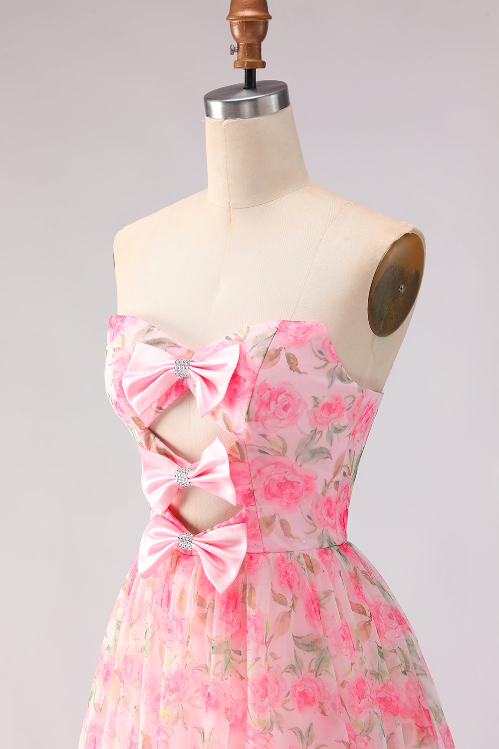 Floral Pink Ruffled Strapless A Line Long Prom Dress with Bows