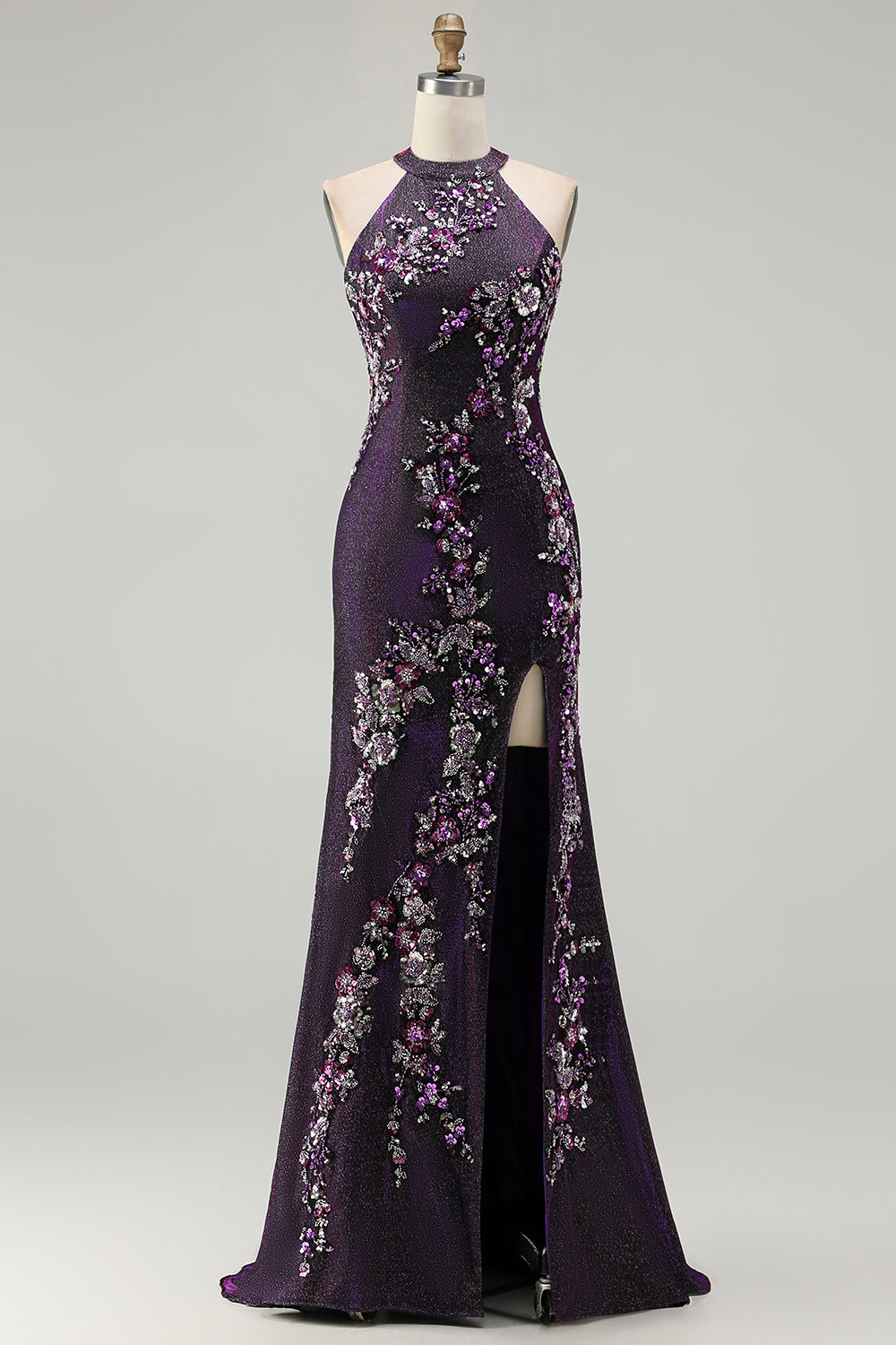 Floral Grape Mermaid Beaded Halter Long Prom Dress with Slit