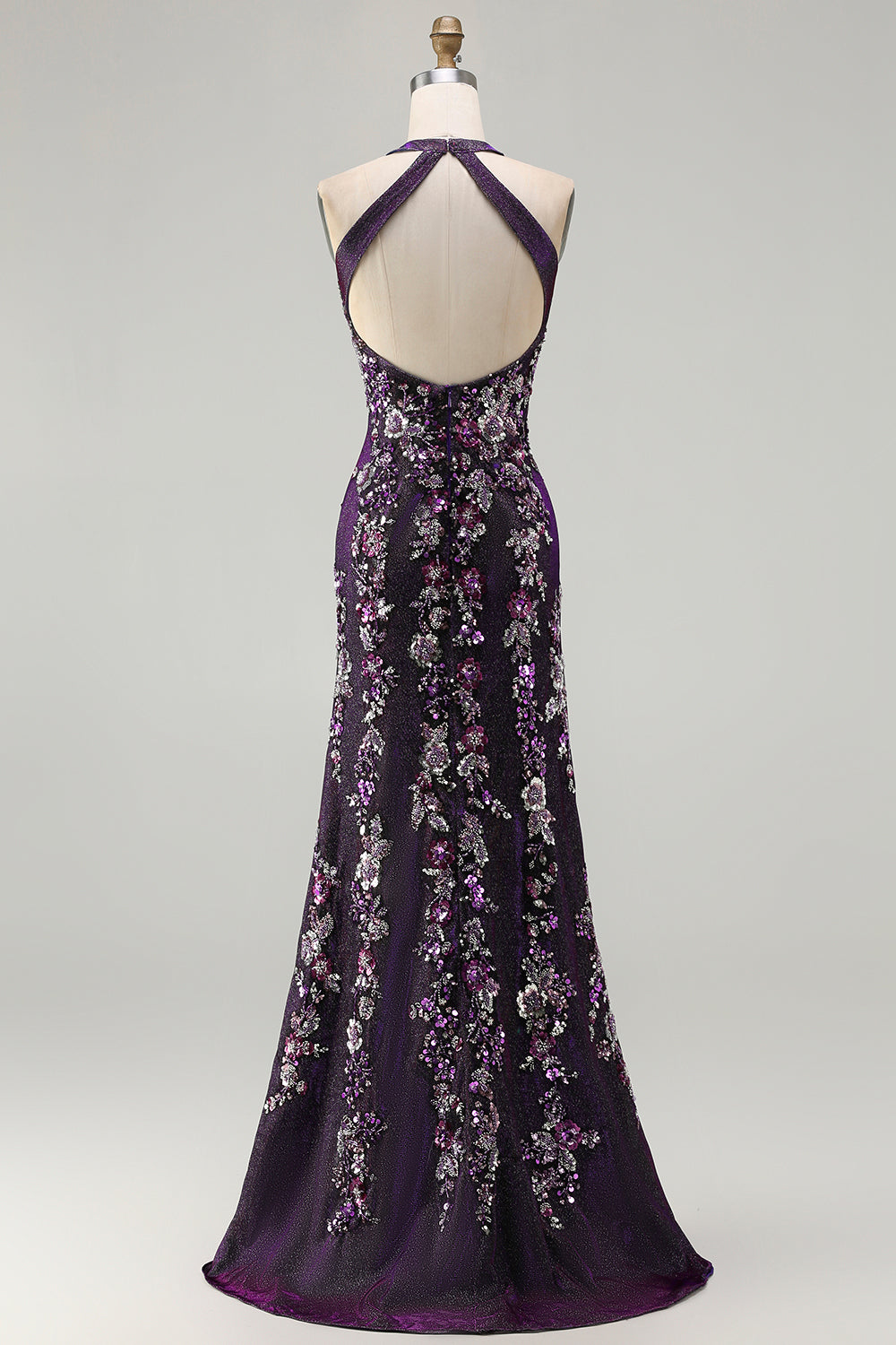 Floral Grape Mermaid Beaded Halter Long Prom Dress with Slit