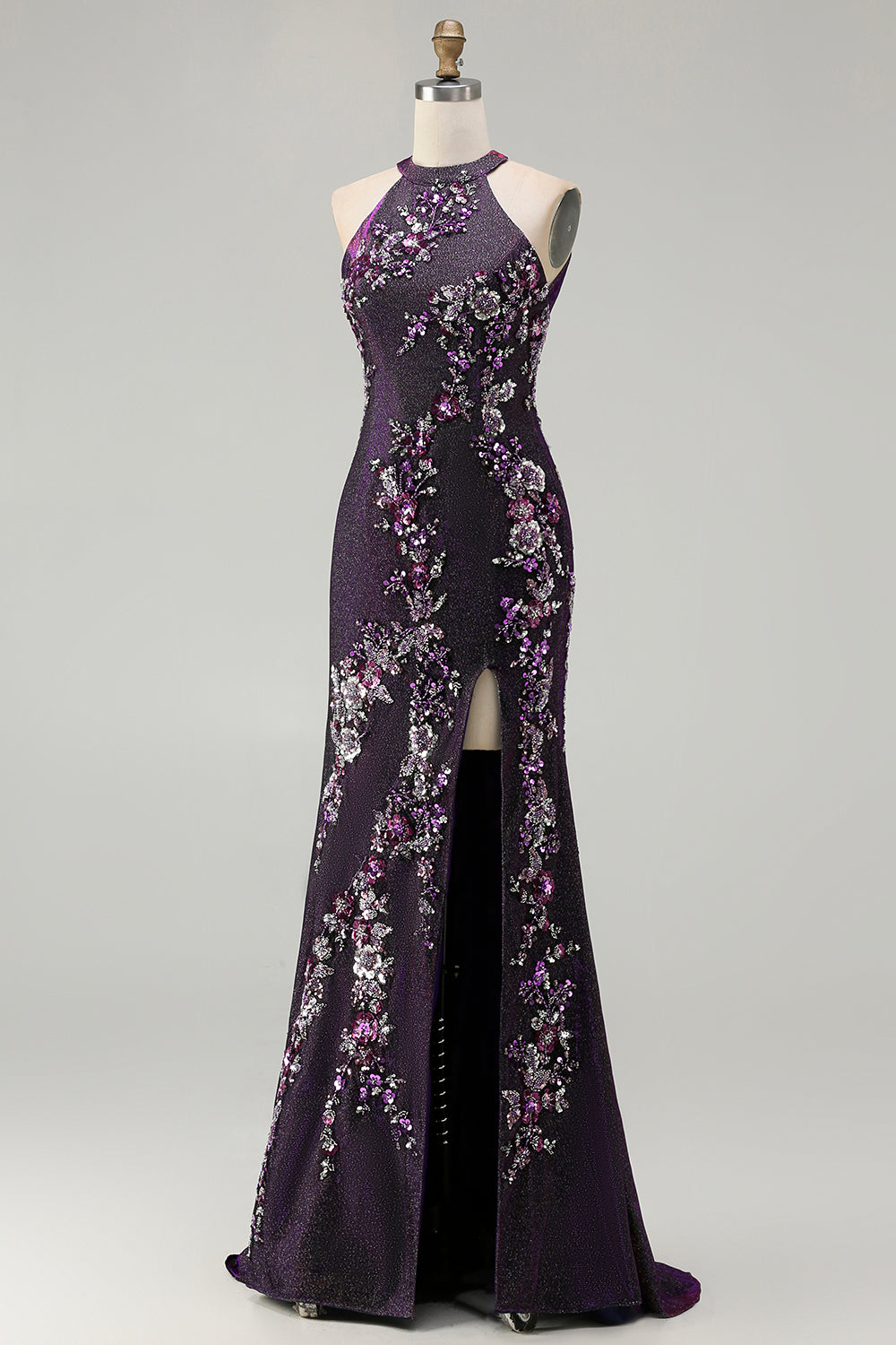Floral Grape Mermaid Beaded Halter Long Prom Dress with Slit