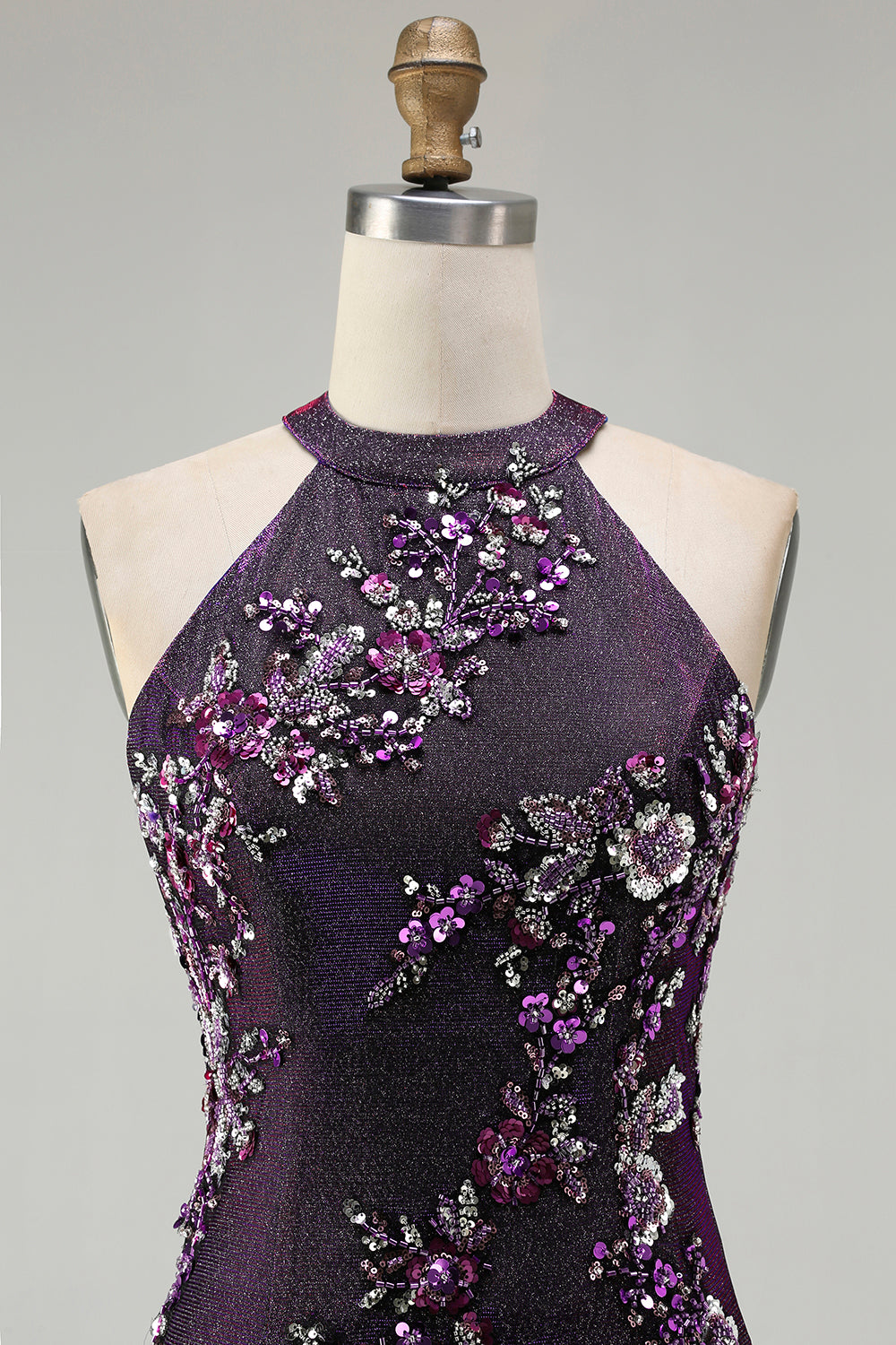 Floral Grape Mermaid Beaded Halter Long Prom Dress with Slit