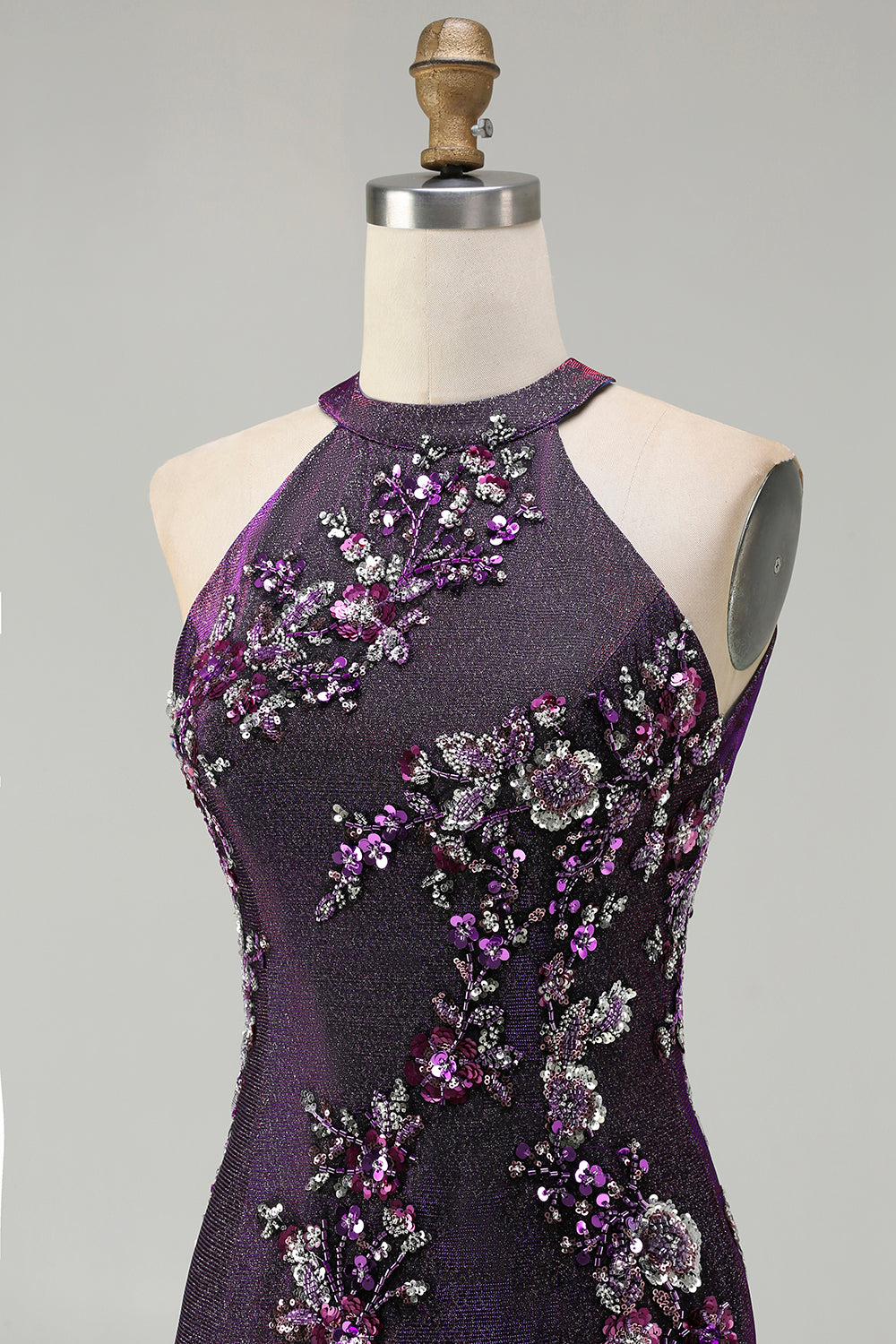 Floral Grape Mermaid Beaded Halter Long Prom Dress with Slit