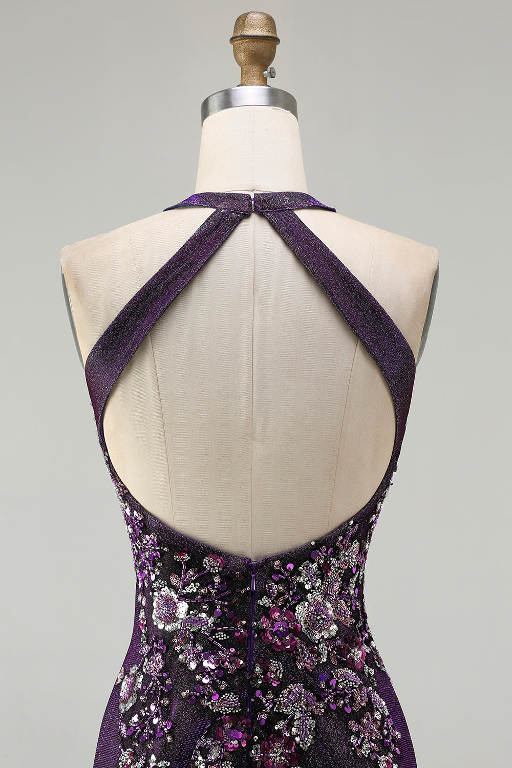 Floral Grape Mermaid Beaded Halter Long Prom Dress with Slit