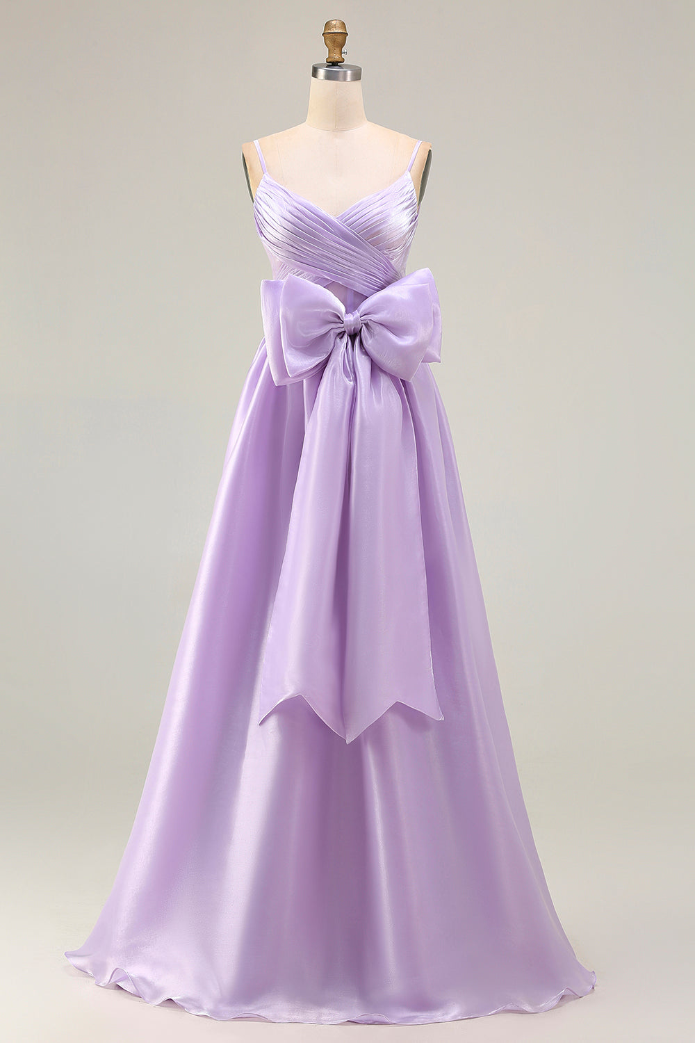 Lilac A-Line Satin Spaghetti Straps Ruched Long Prom Dress with Bow