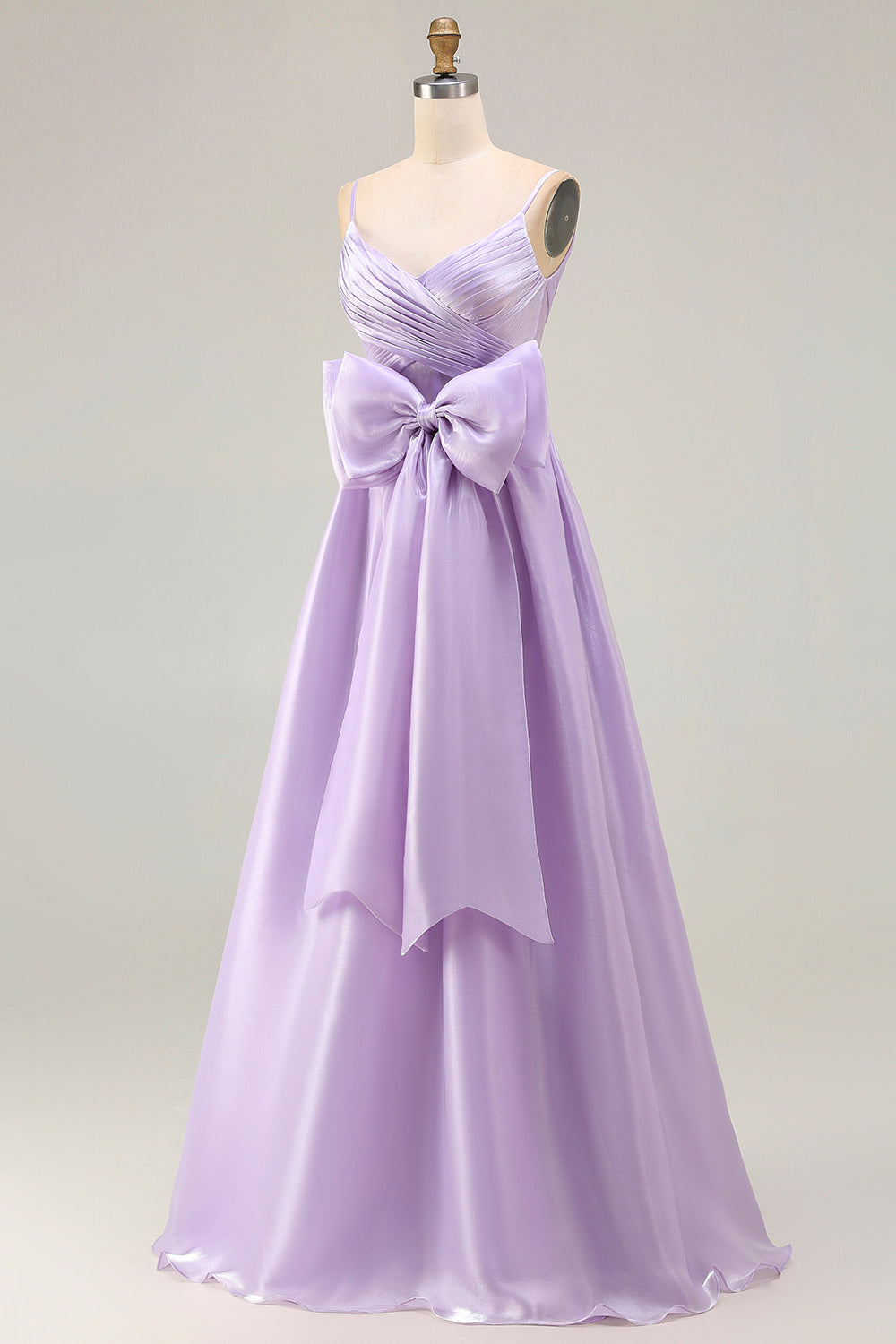 Lilac A-Line Satin Spaghetti Straps Ruched Long Prom Dress with Bow