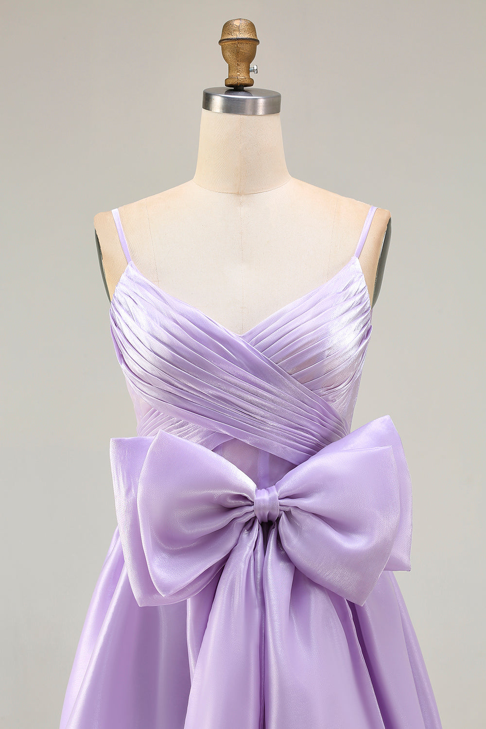 Lilac A-Line Satin Spaghetti Straps Ruched Long Prom Dress with Bow