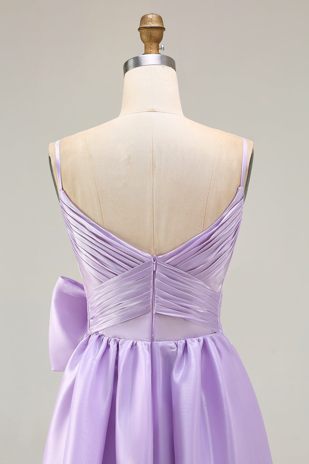 Lilac A-Line Satin Spaghetti Straps Ruched Long Prom Dress with Bow