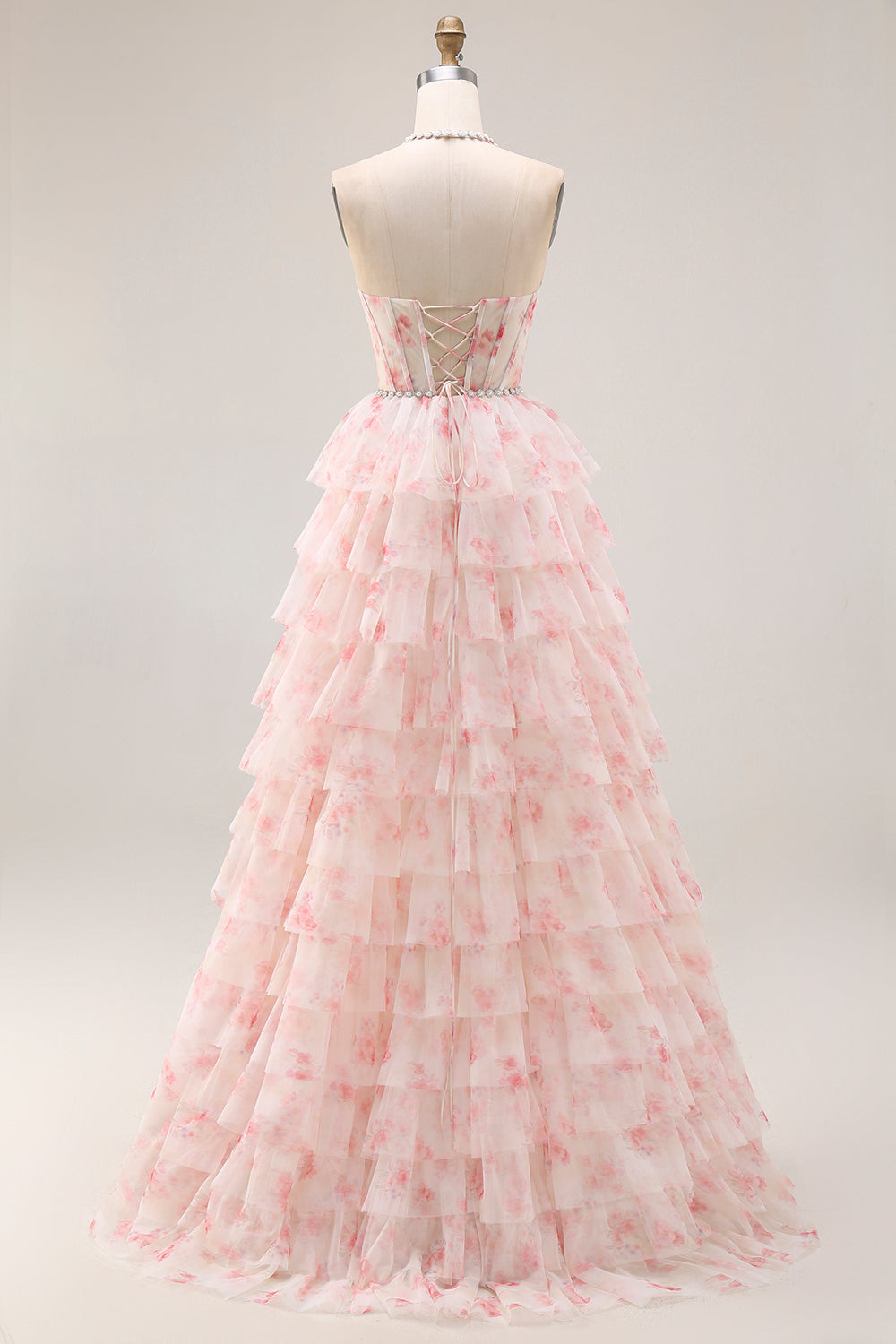 Candy Pink Ball Gown Tiered Beaded Long Corset Prom Dress