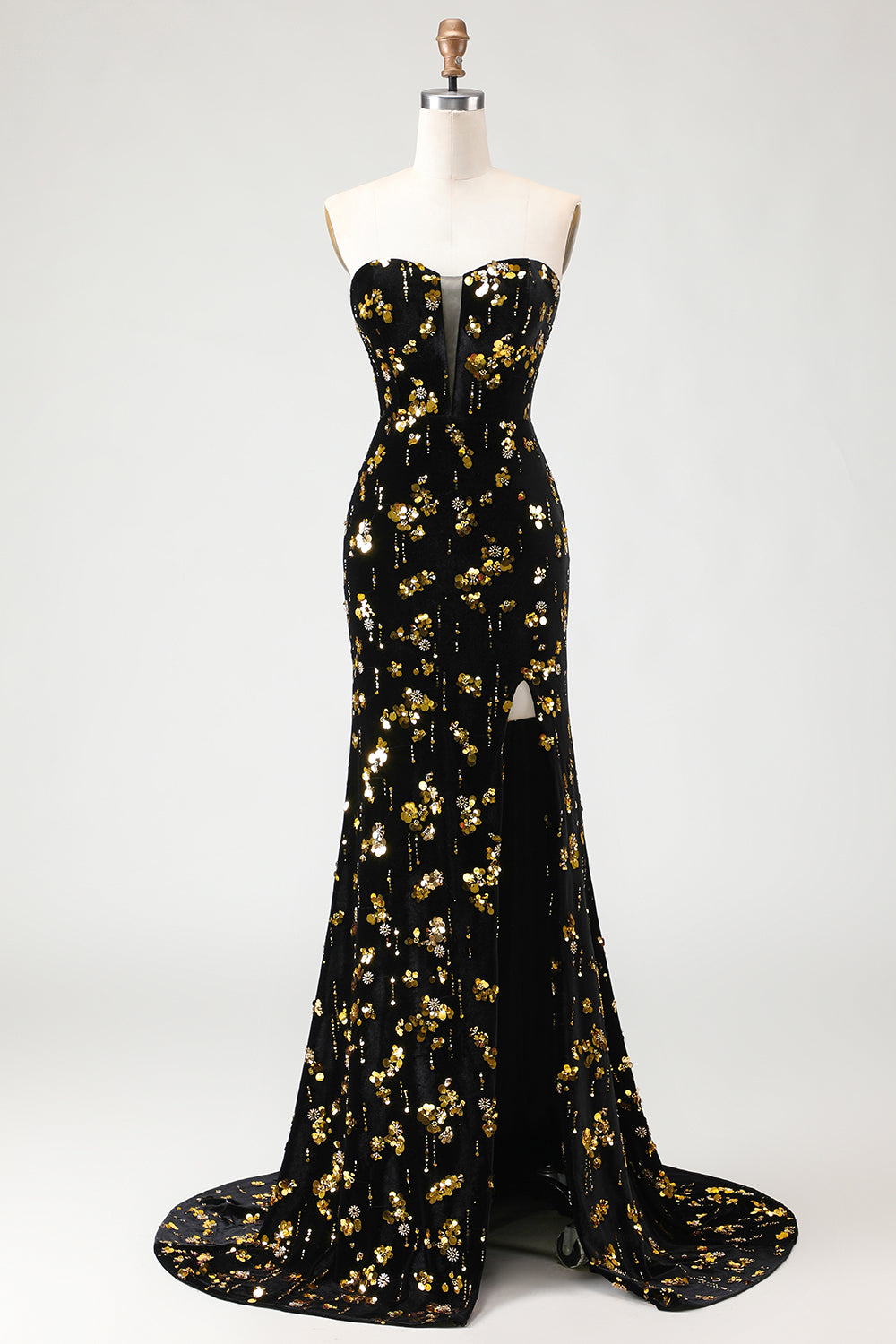 Sparkly Black and Golden Sweetheart Mermaid Long Floral Prom Dress with Slit