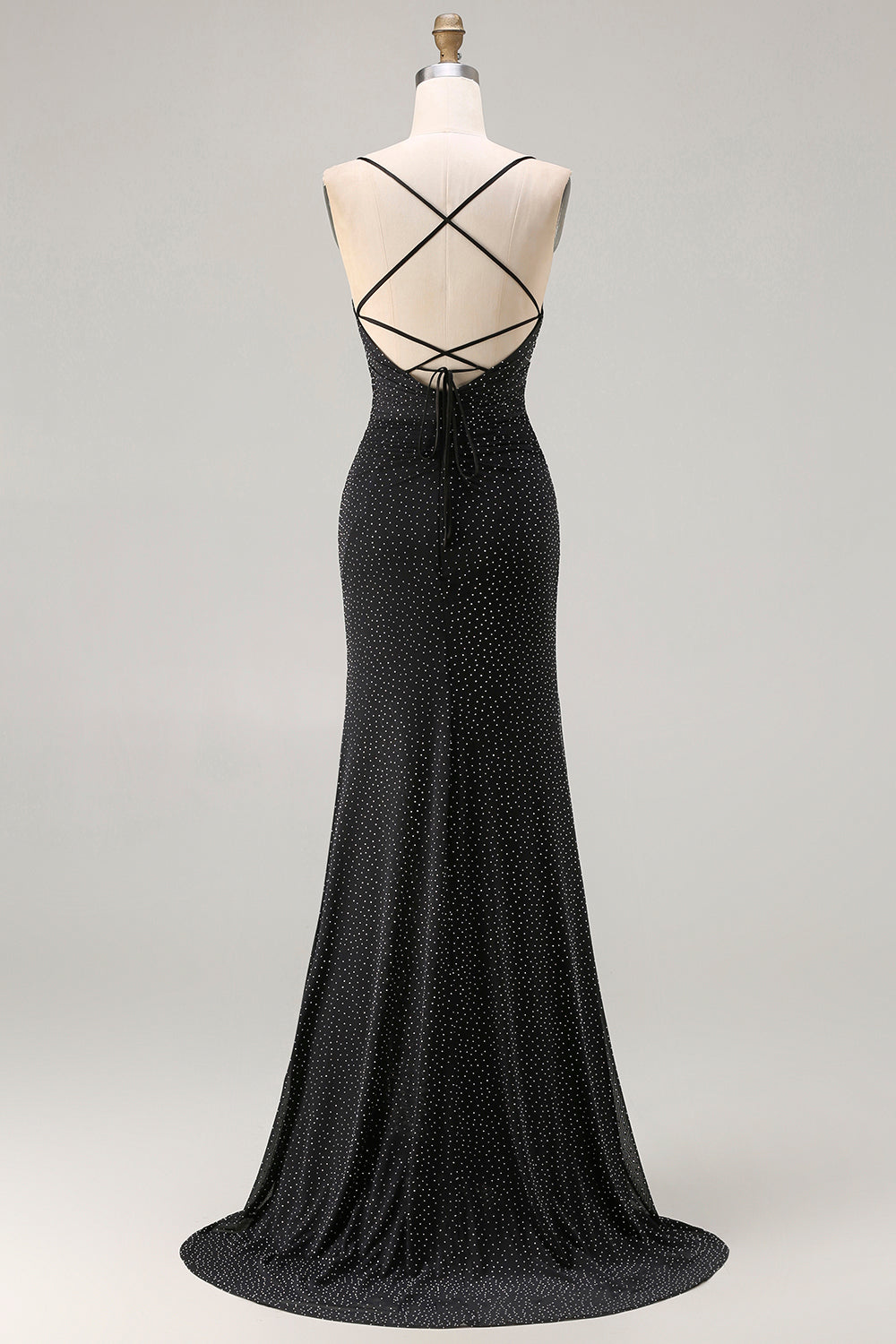 Black Polka Dots Criss Cross Back Mermaid Long Prom Dress with Slit