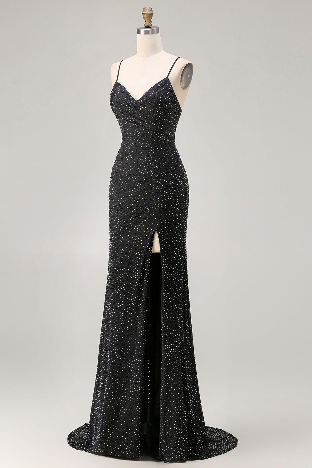 Black Polka Dots Criss Cross Back Mermaid Long Prom Dress with Slit