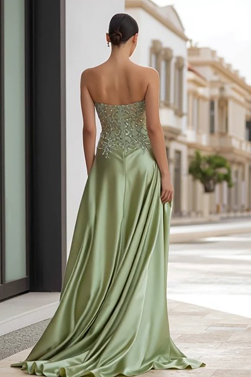 Sage Green Appliqued Strapless Satin Long Prom Dress with Slit