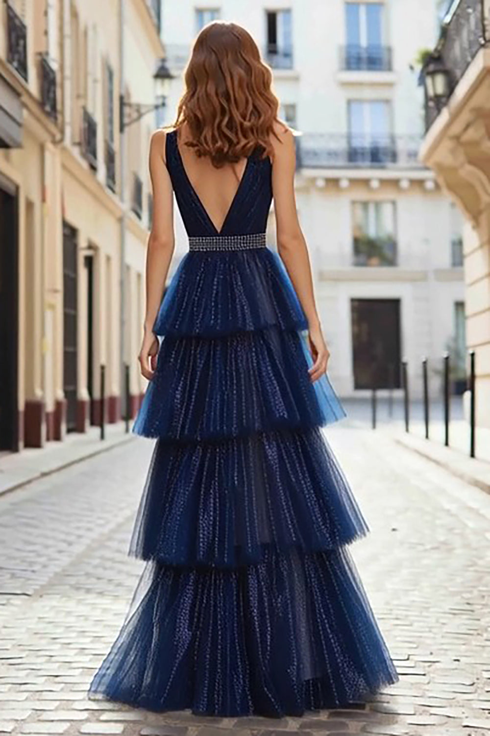 Sparkly Navy Beaded Ruffled Tulle Long Prom Dress