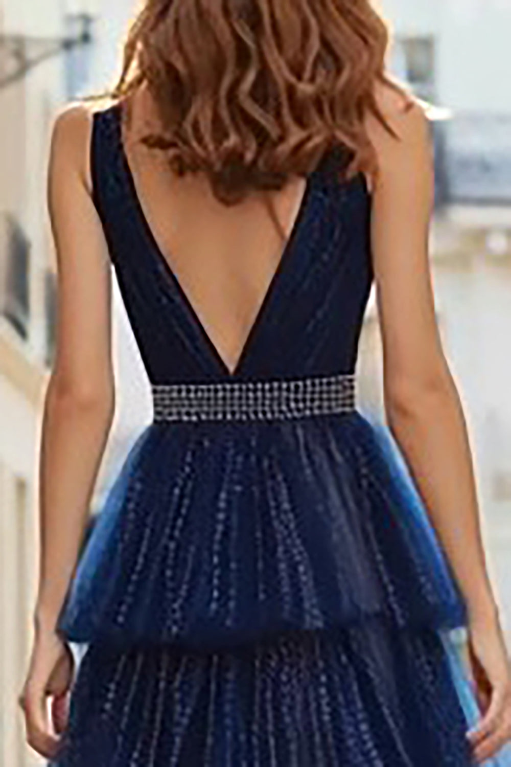 Sparkly Navy Beaded Ruffled Tulle Long Prom Dress