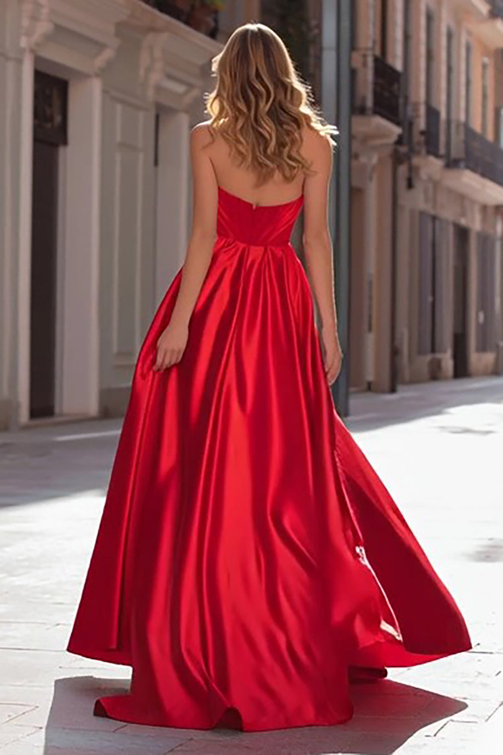 Sparkly Red Beaded Strapless Satin Long Prom Dress with Slit