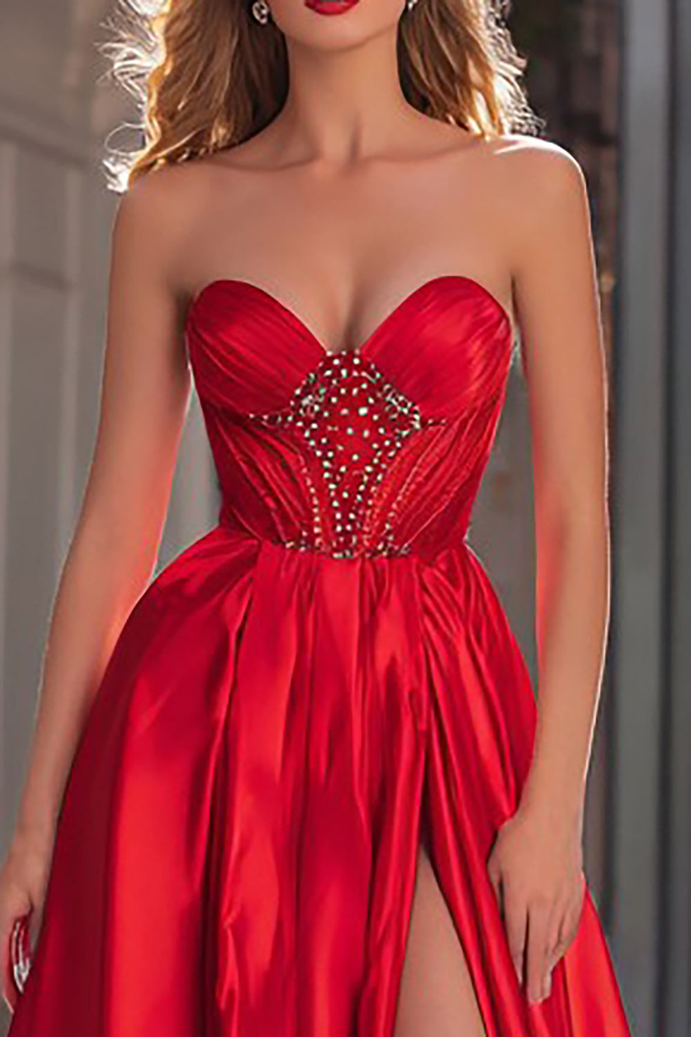 Sparkly Red Beaded Strapless Satin Long Prom Dress with Slit