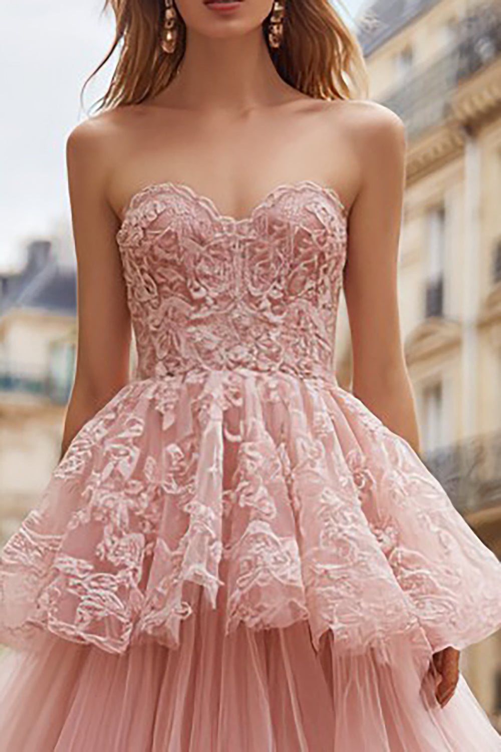 Pink Strapless Tulle Ruffled Long Prom Dress with Lace