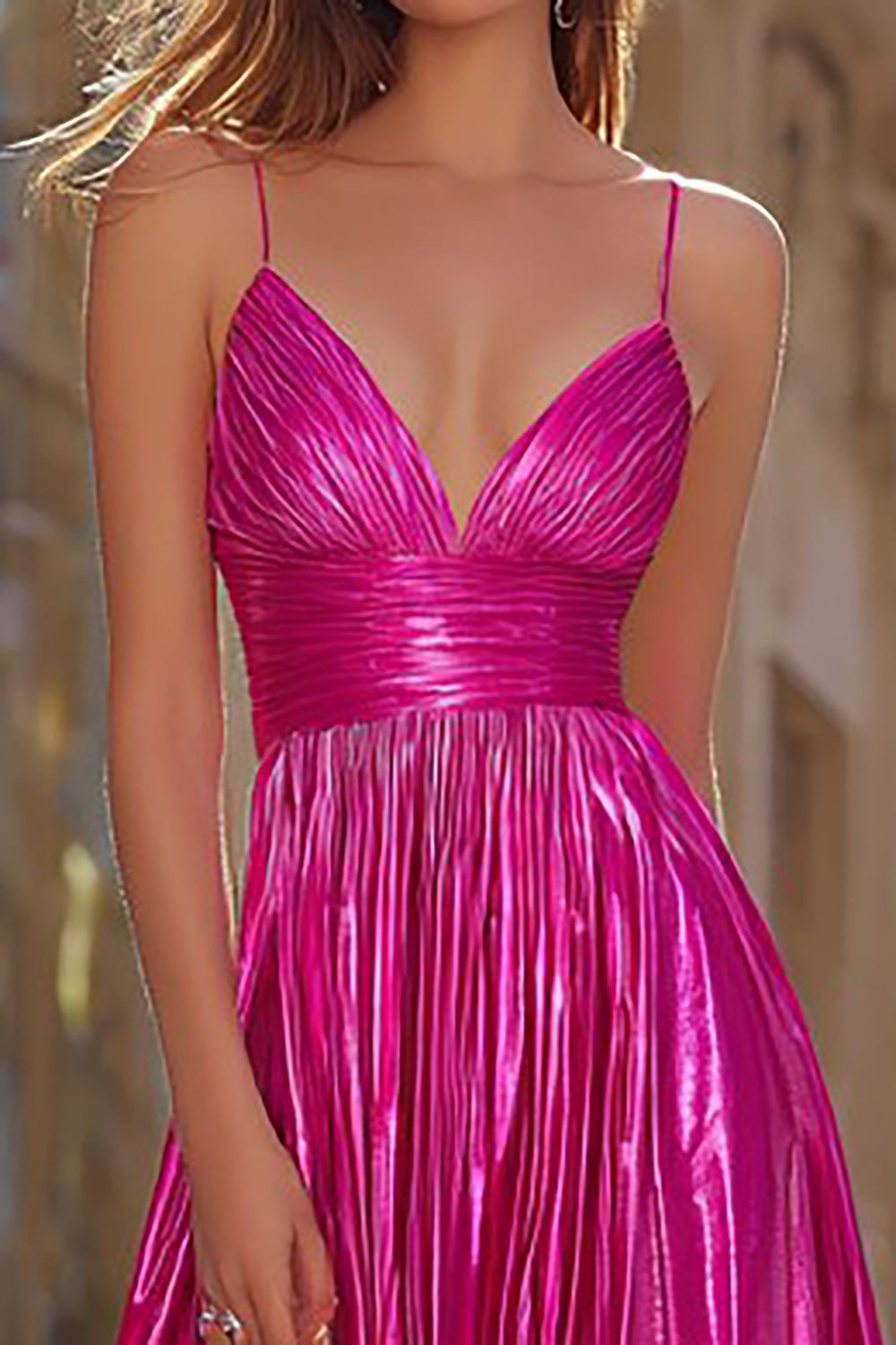 Sparkly Fuchsia Spaghetti Straps Metallic Pleated Long Prom Dress with Slit