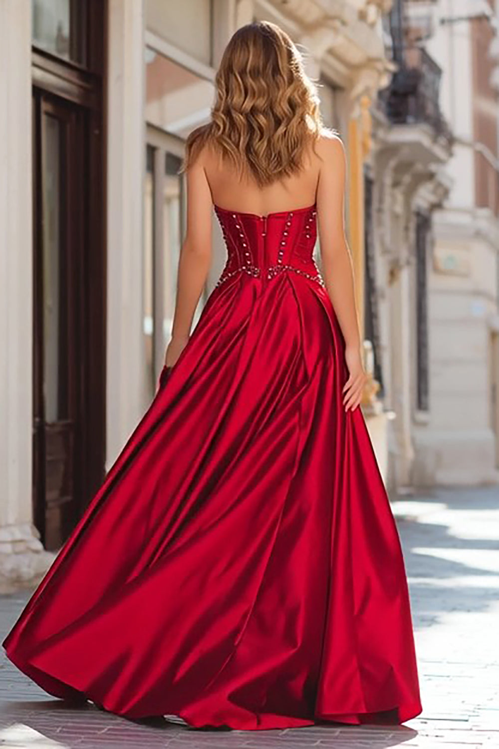Sparkly Red Strapless Corset Beaded Long Prom Dress with Slit
