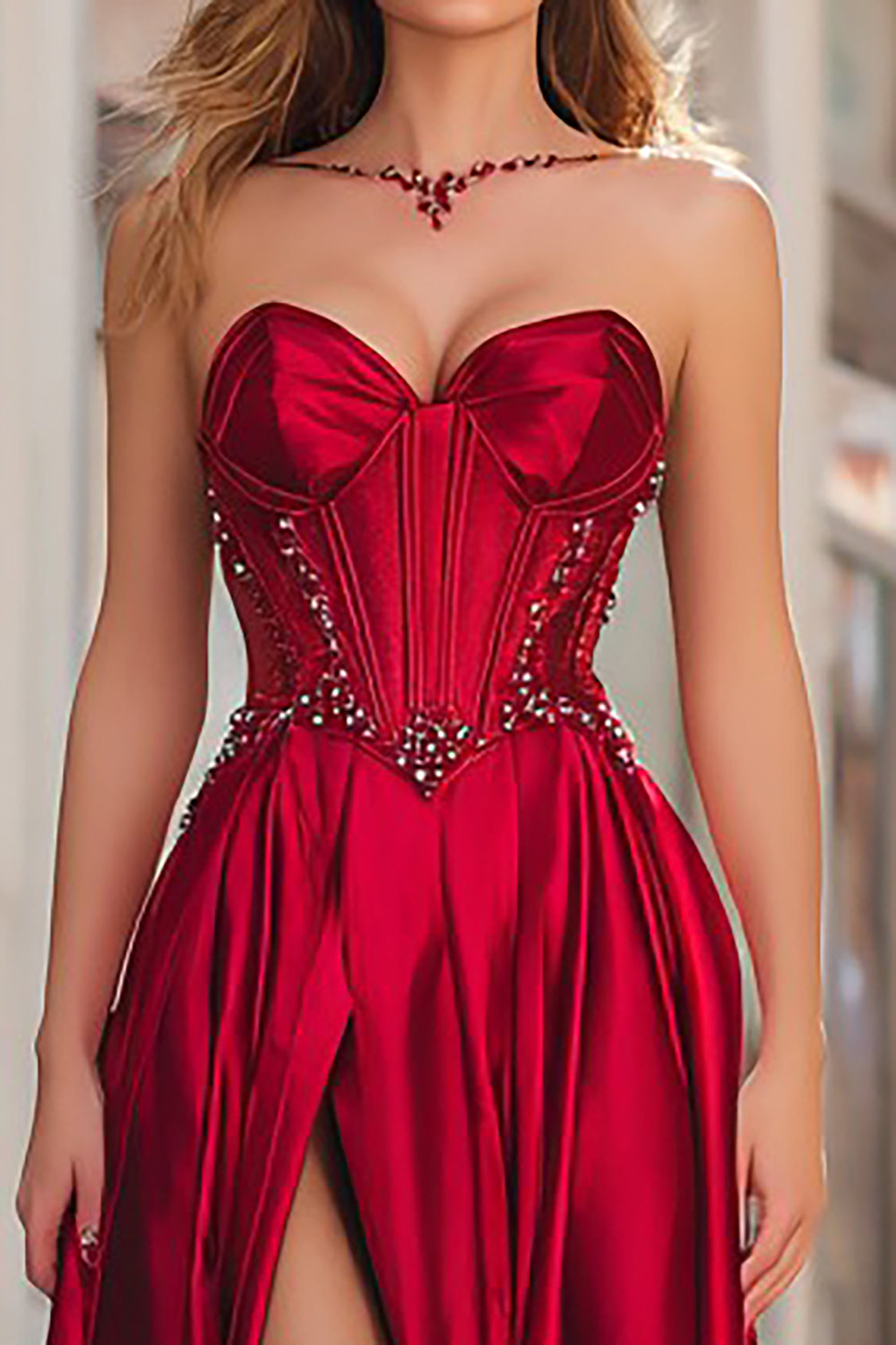 Sparkly Red Strapless Corset Beaded Long Prom Dress with Slit