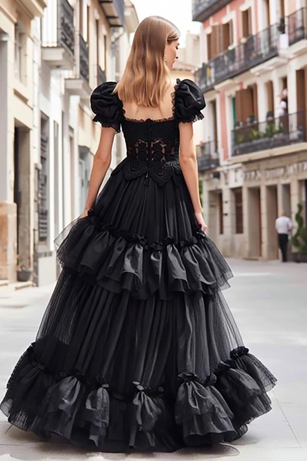 Black Ruffled A Line Tulle Long Prom Dress with Lace