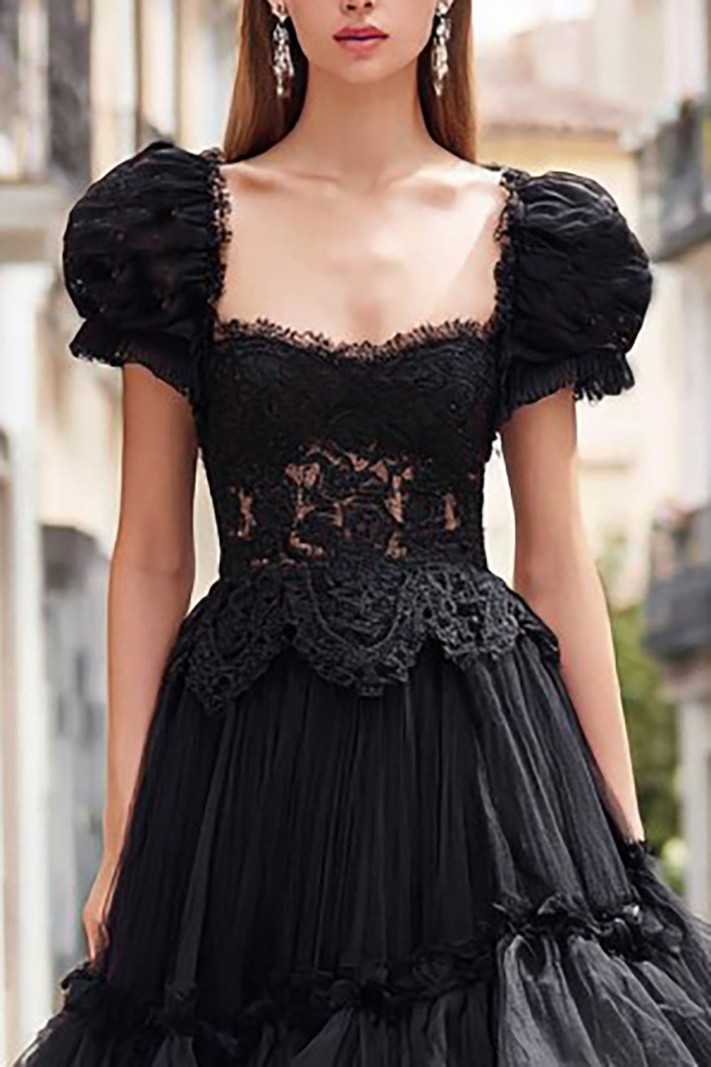 Black Ruffled A Line Tulle Long Prom Dress with Lace