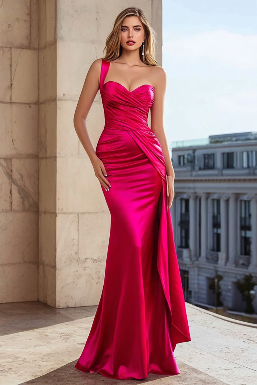 Fuchsia One Shoulder Ruched Mermaid Long Satin Prom Dress with Side Cape