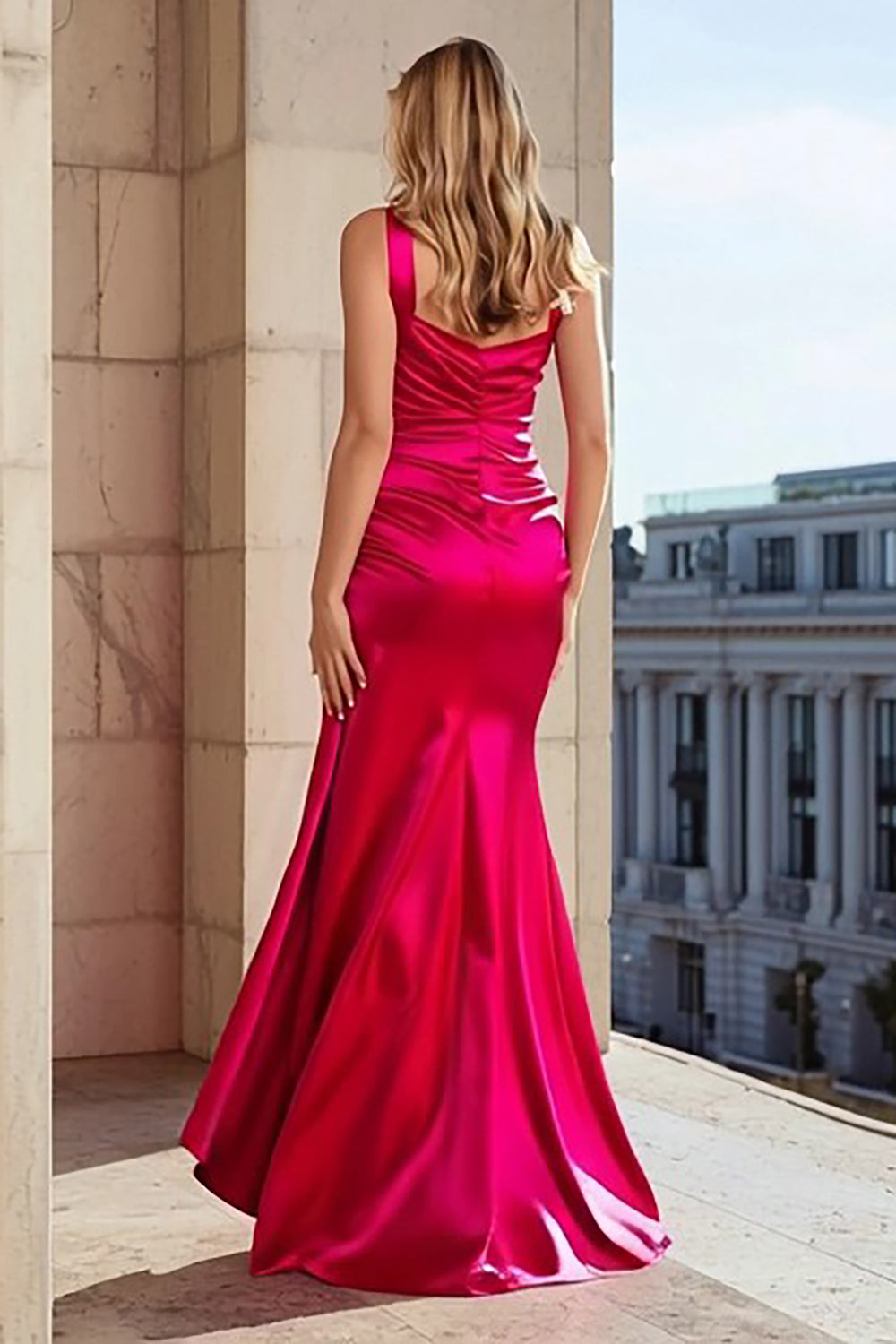 Fuchsia One Shoulder Ruched Mermaid Long Satin Prom Dress with Side Cape