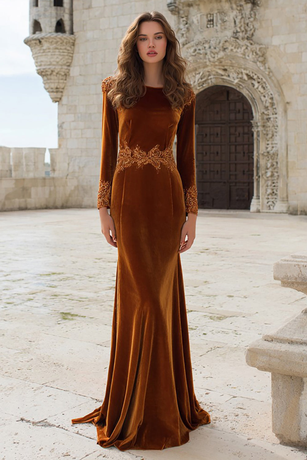Caramel Velvet Mermaid Long Holiday Party Dress with Appliques