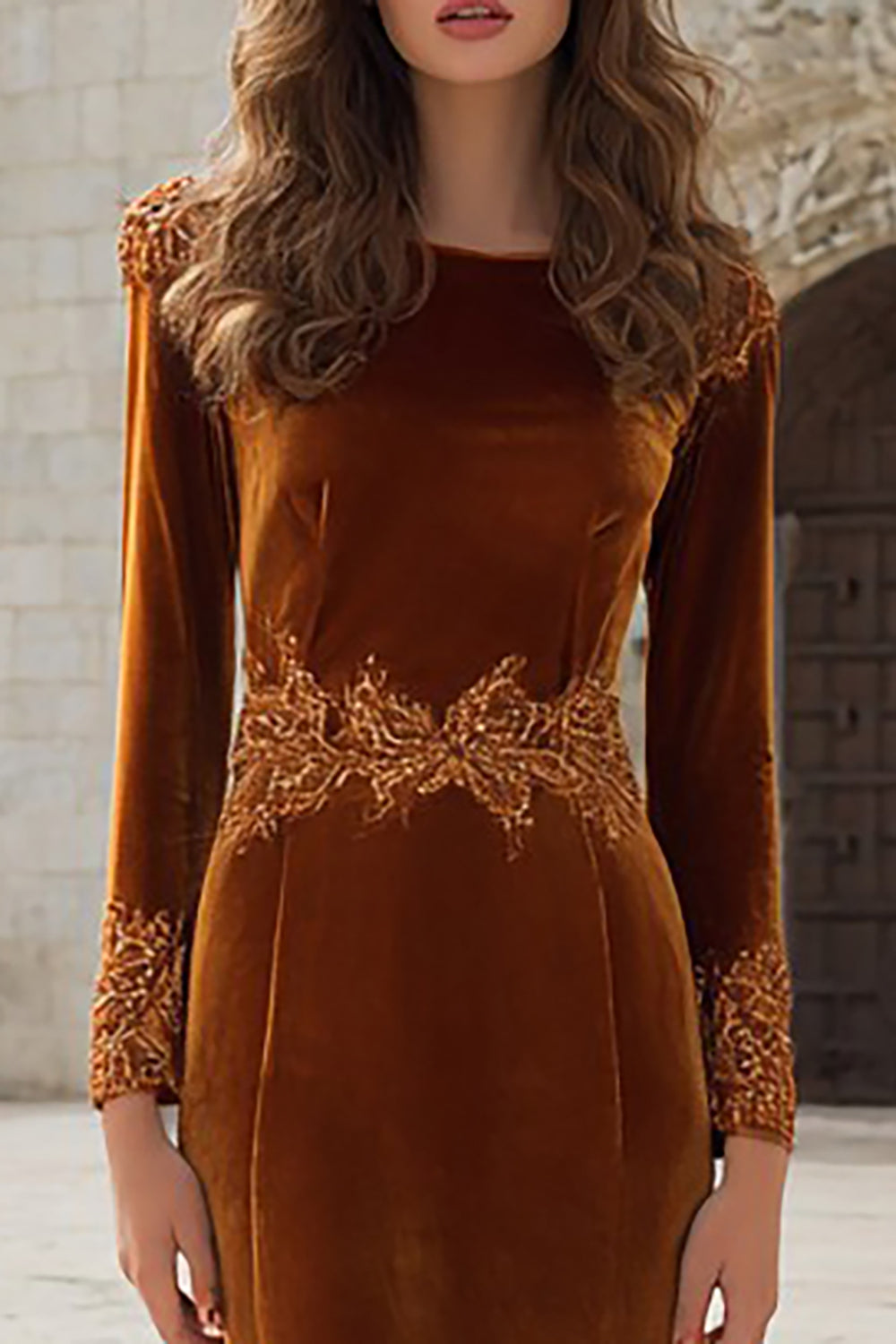 Caramel Velvet Mermaid Long Holiday Party Dress with Appliques