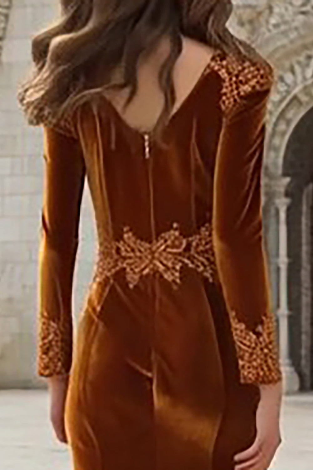 Caramel Velvet Mermaid Long Holiday Party Dress with Appliques