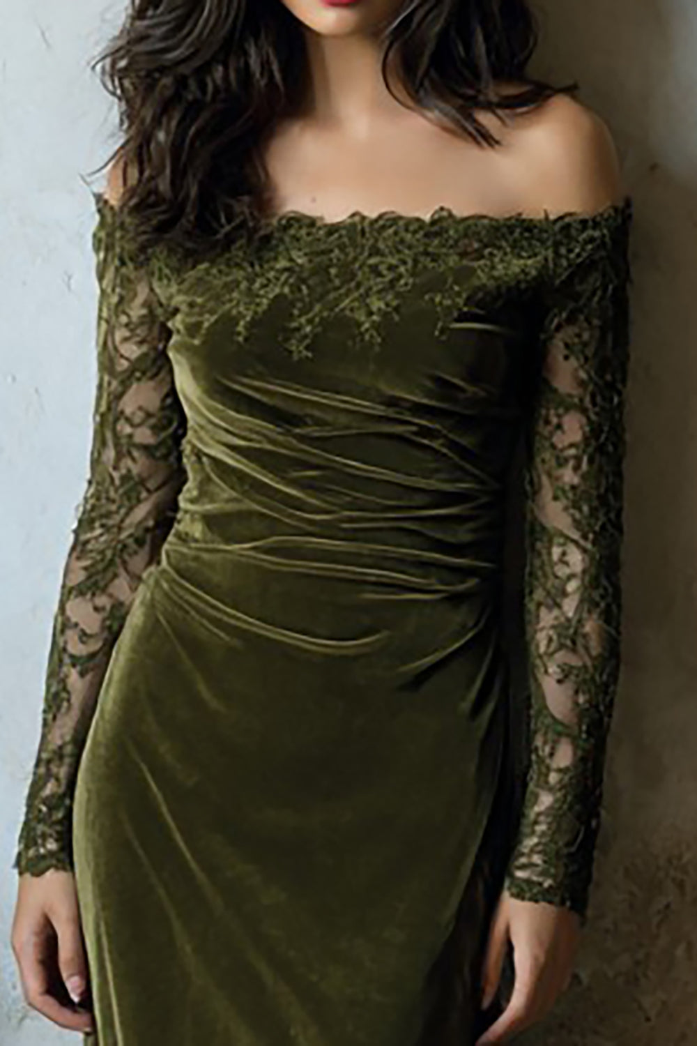 Olive Velvet Mermaid Off the Shoulder Long Sleeves Holiday Party Dress