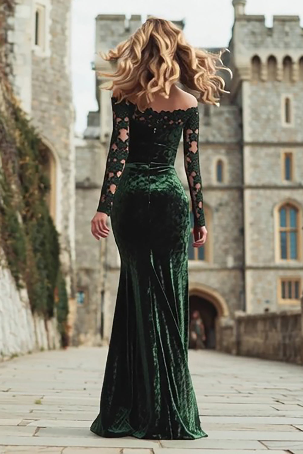 Dark Green Mermaid Off the Shoulder Long Holiday Party Dress with Lace
