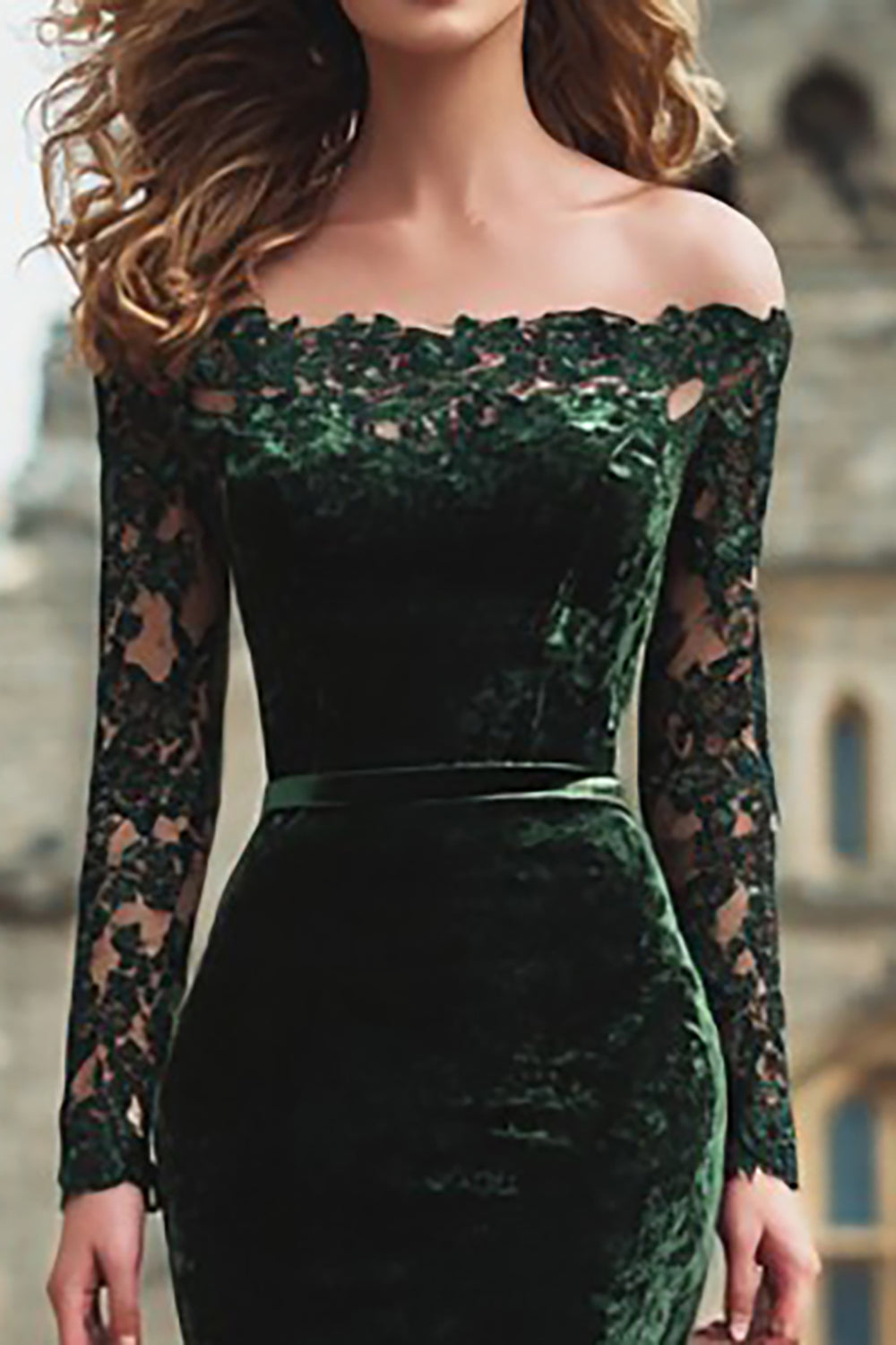 Dark Green Mermaid Off the Shoulder Long Holiday Party Dress with Lace