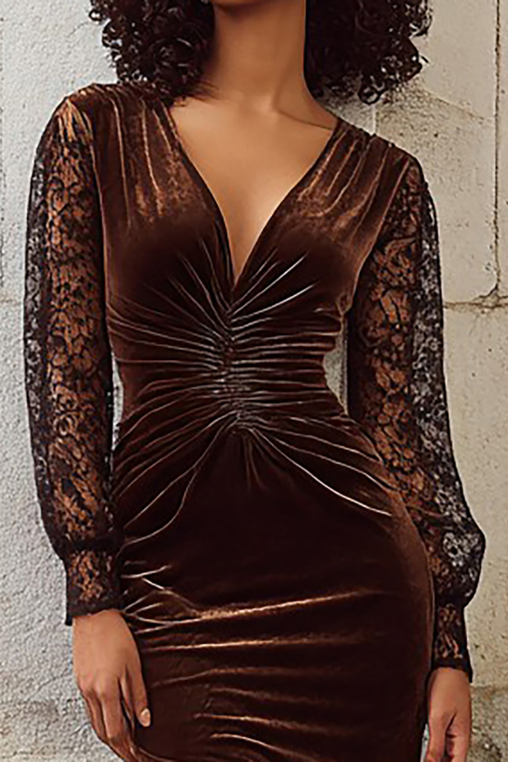 Brown Velvet Mermaid V Neck Long Sleeves Holiday Party Dress with Lace
