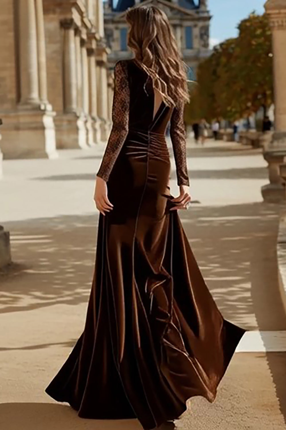 Brown Mermaid Velvet V Neck Long Sleeves Holiday Party Dress with Lace
