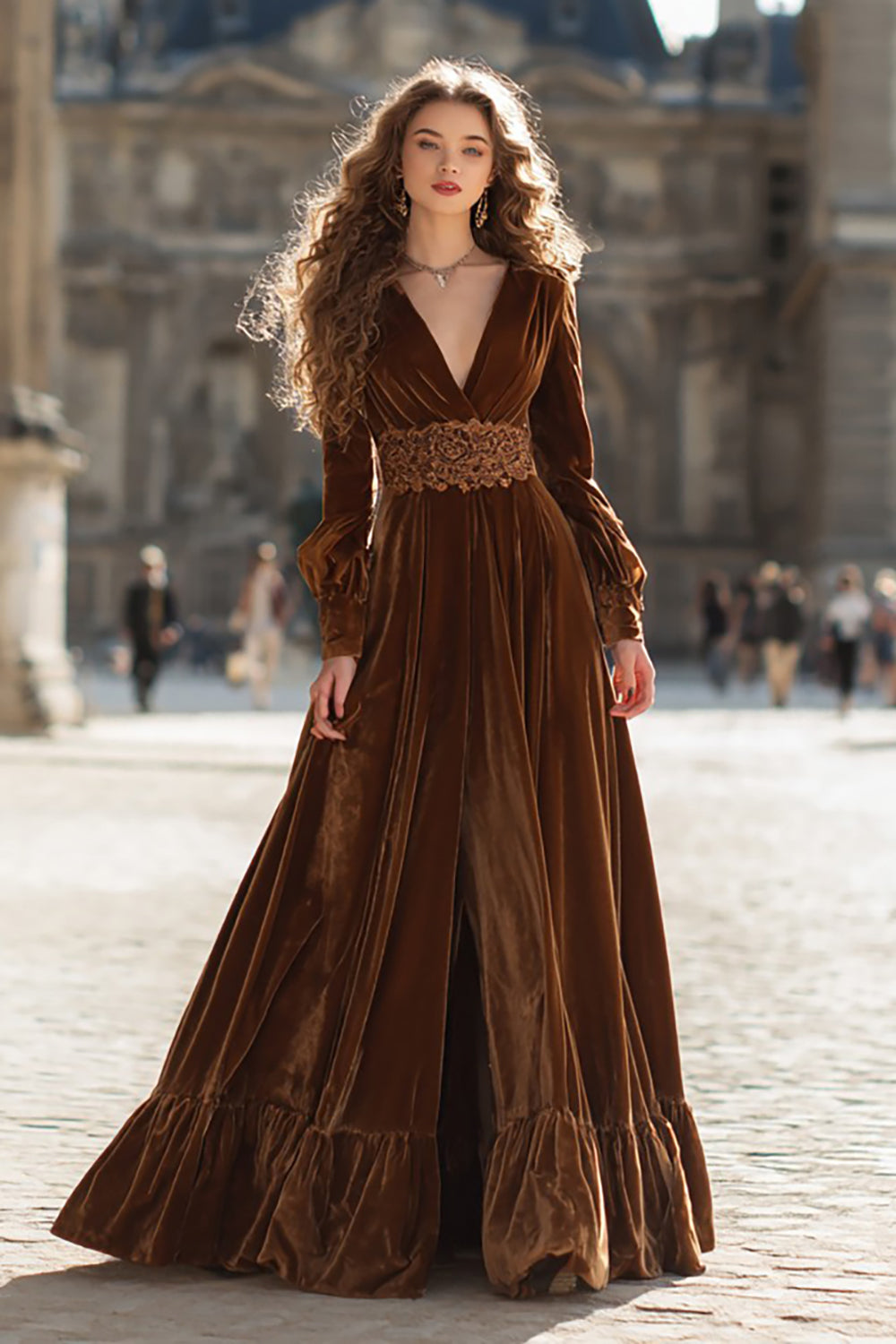 Brown Velvet A Line Long Sleeves Holiday Party Dress with Ruffles