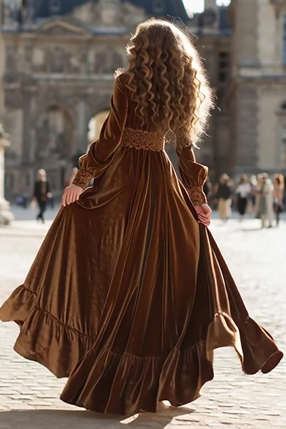 Brown Velvet A Line Long Sleeves Holiday Party Dress with Ruffles