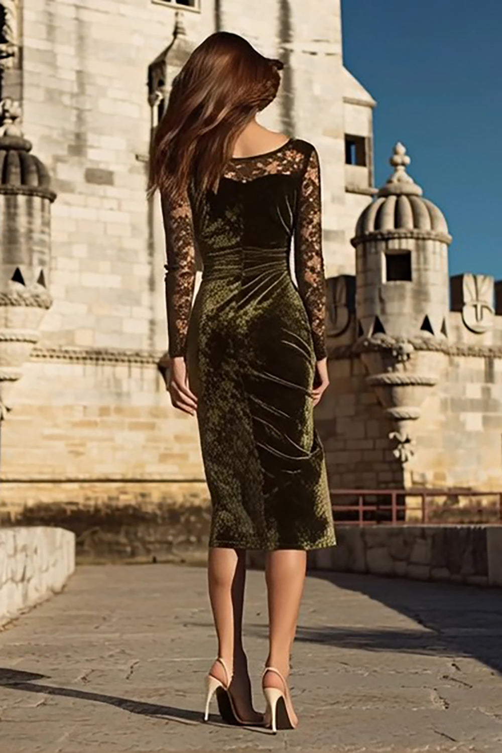 Olive Velvet Mermaid Ruched Midi Holiday Party Dress with Sleeves