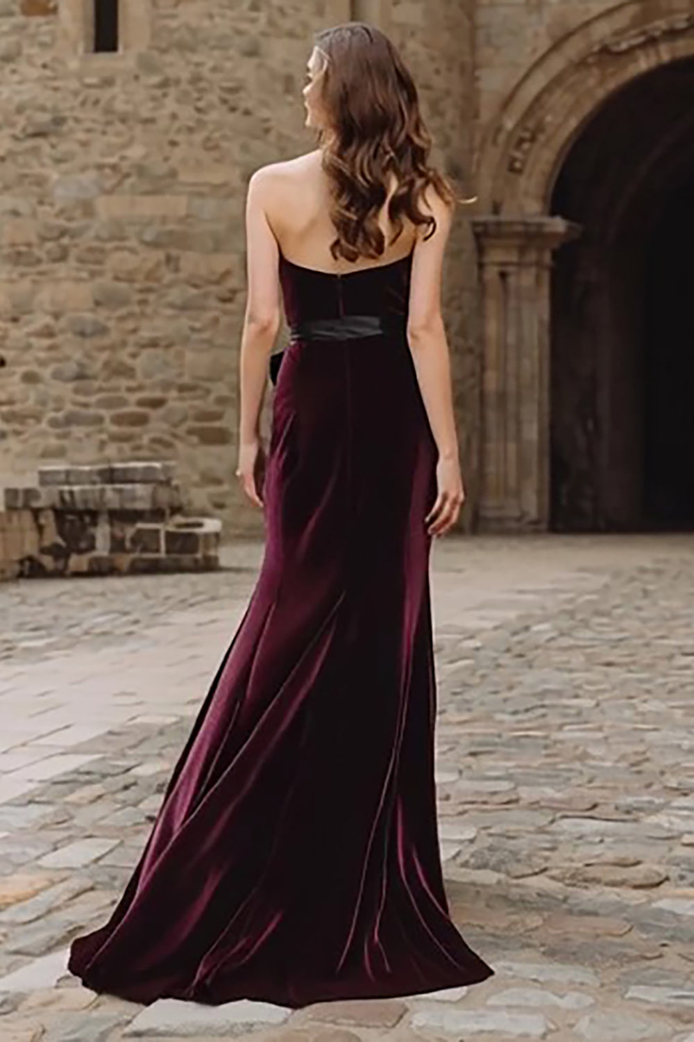 Burgundy Velvet Sweetheart Long Mermaid Holiday Party Dress with Bow