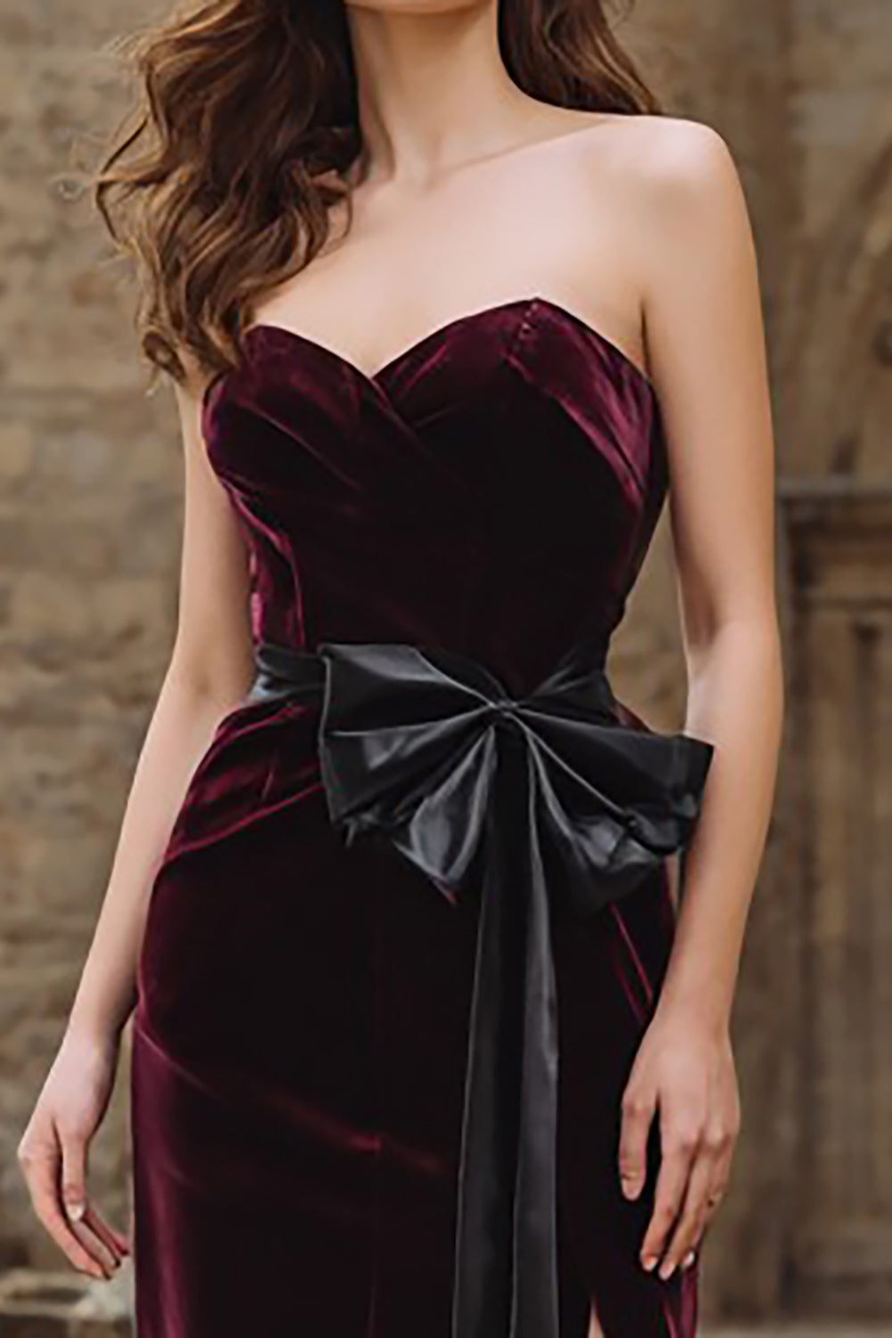 Burgundy Velvet Sweetheart Long Mermaid Holiday Party Dress with Bow