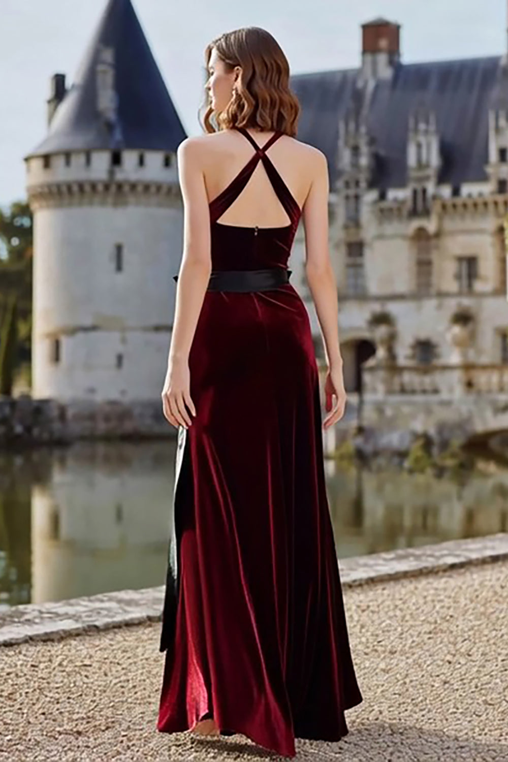 Burgundy Velvet Halter Long Sheath Holiday Party Dress with Sash