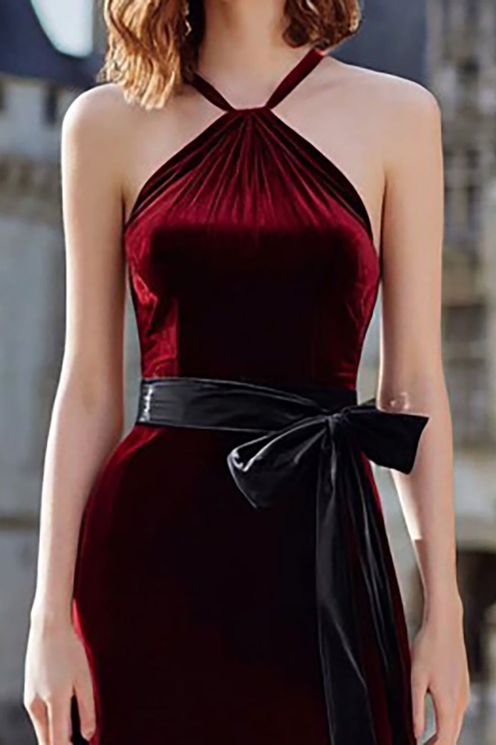 Burgundy Velvet Halter Long Sheath Holiday Party Dress with Sash