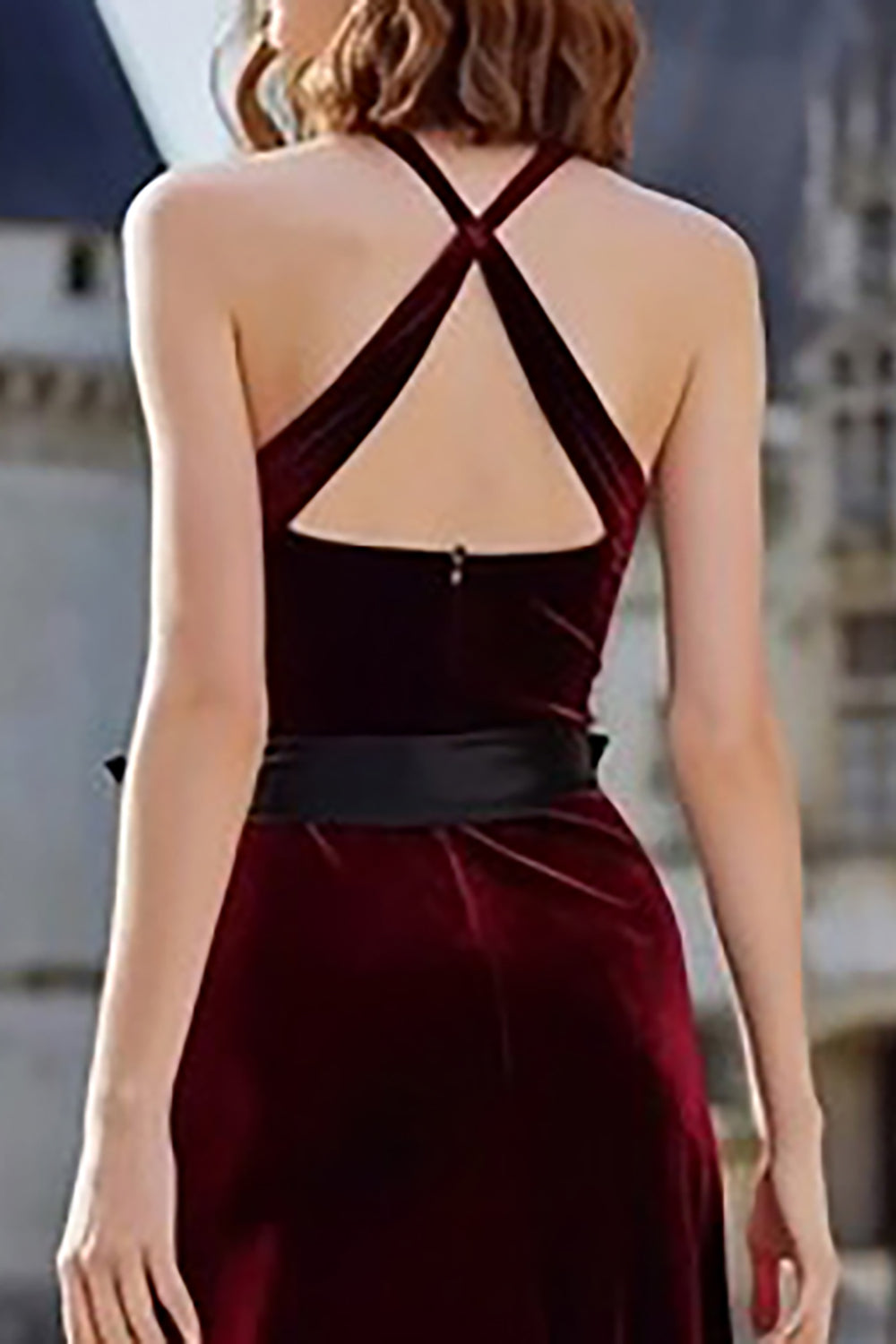Burgundy Velvet Halter Long Sheath Holiday Party Dress with Sash