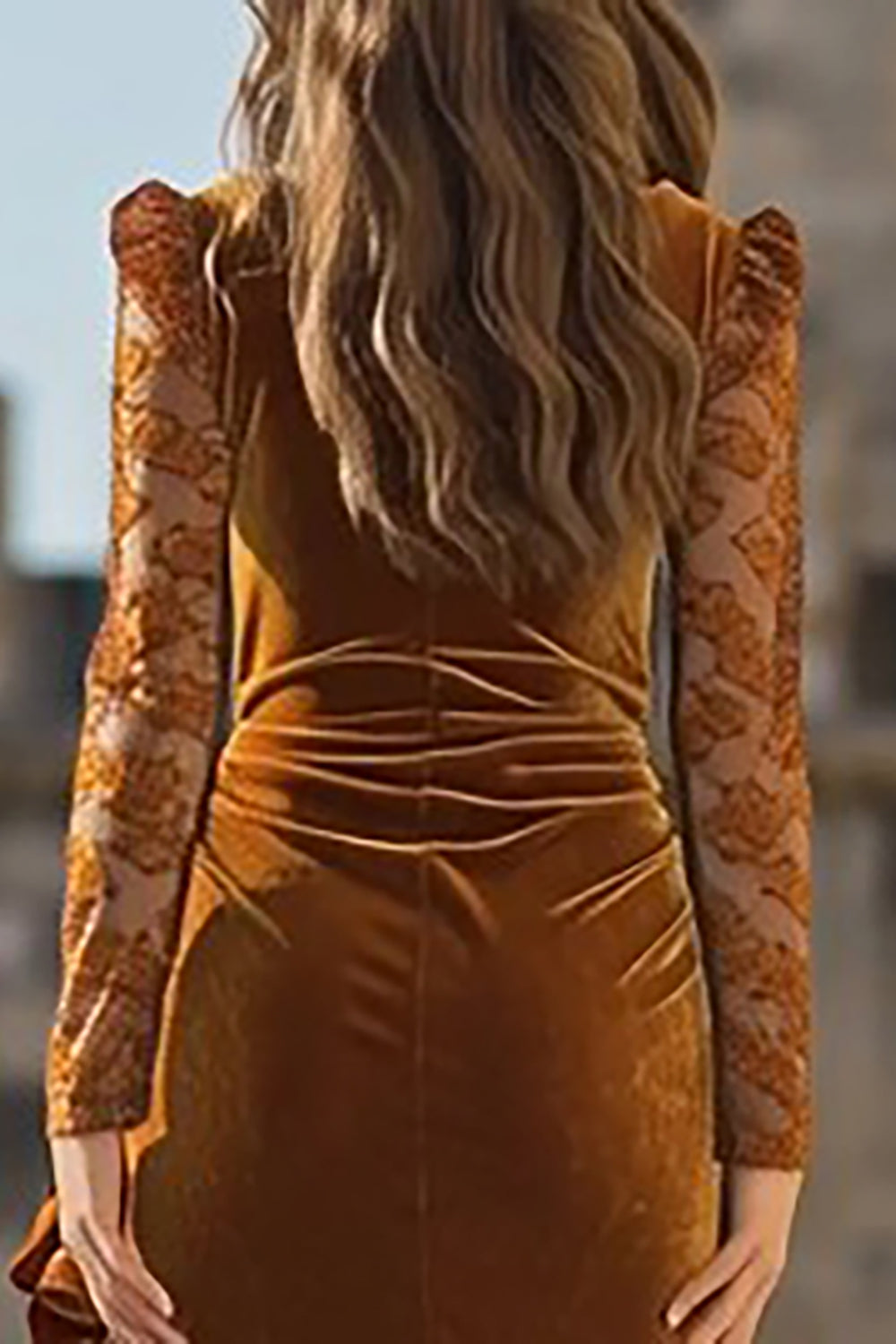 Caramel Velvet Mermaid Ruched Long Sleeves Holiday Party Dress with Slit