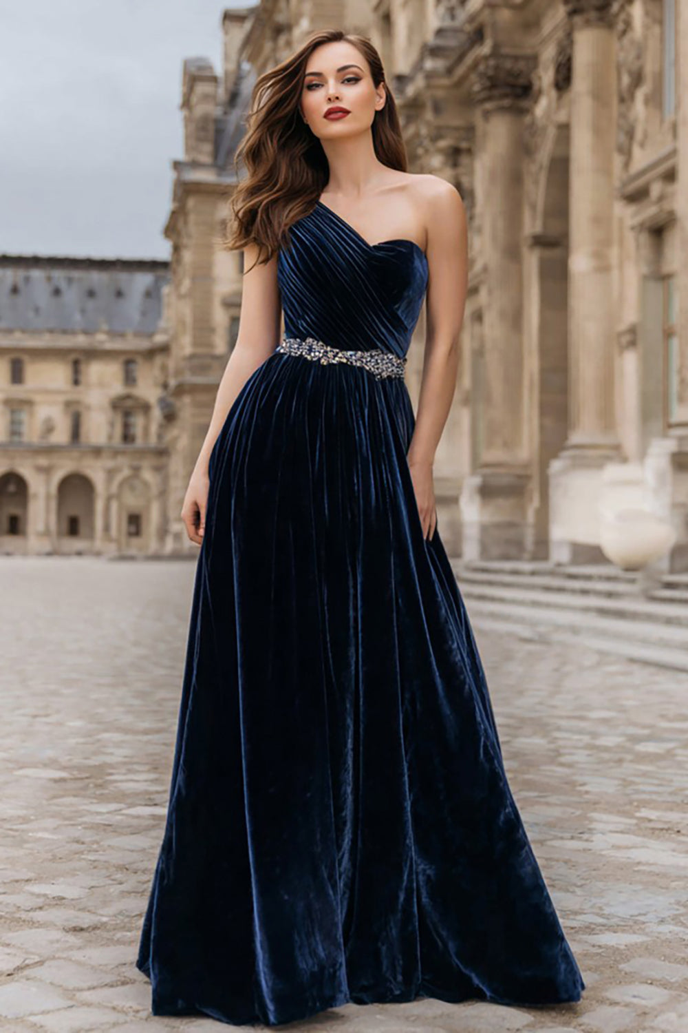 Sparkly Navy Beaded One Shoulder Long Velvet Holiday Party Dress